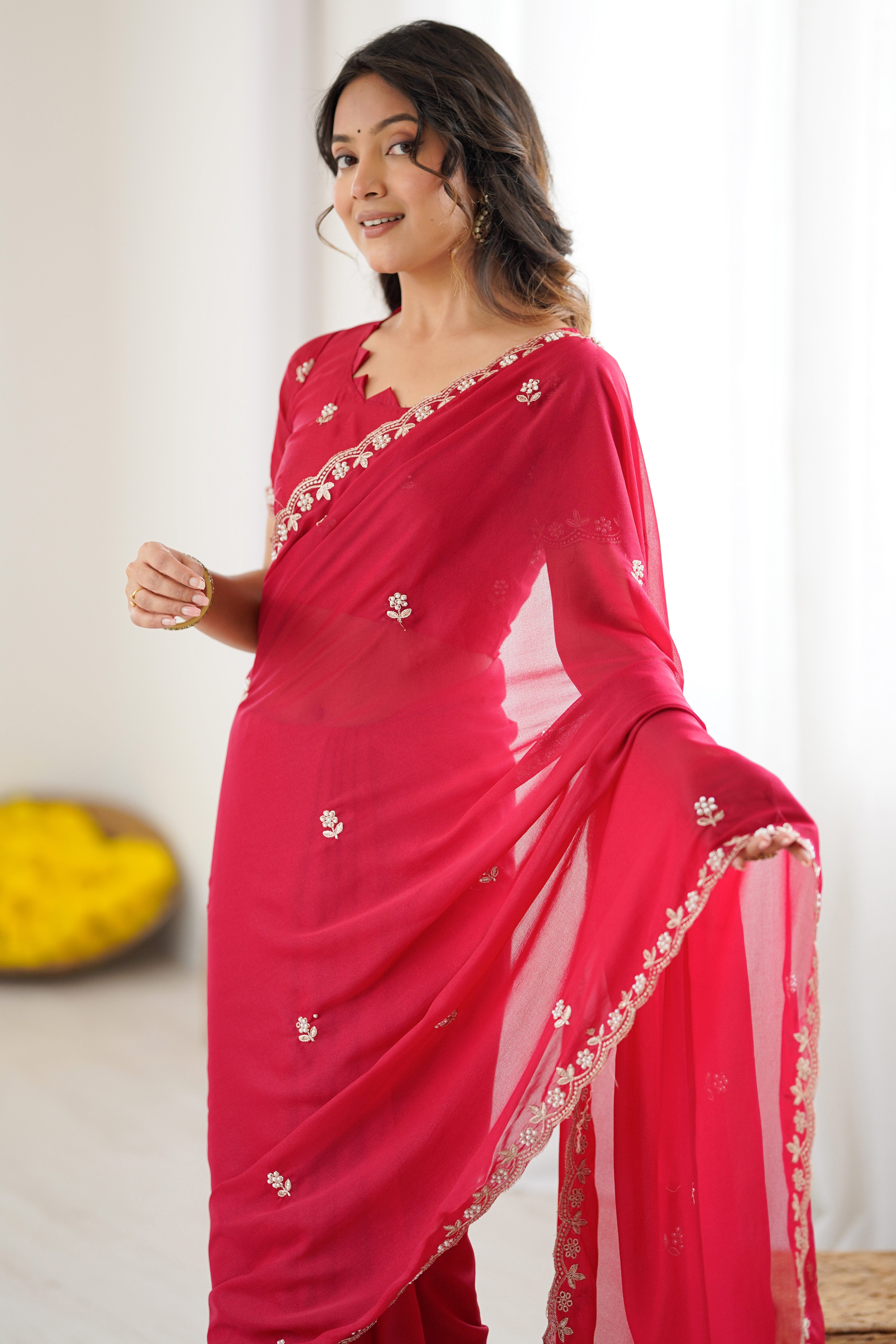 Pink Partywear Star Georgette Saree Adorned with Floral Embroidery and Beads Work