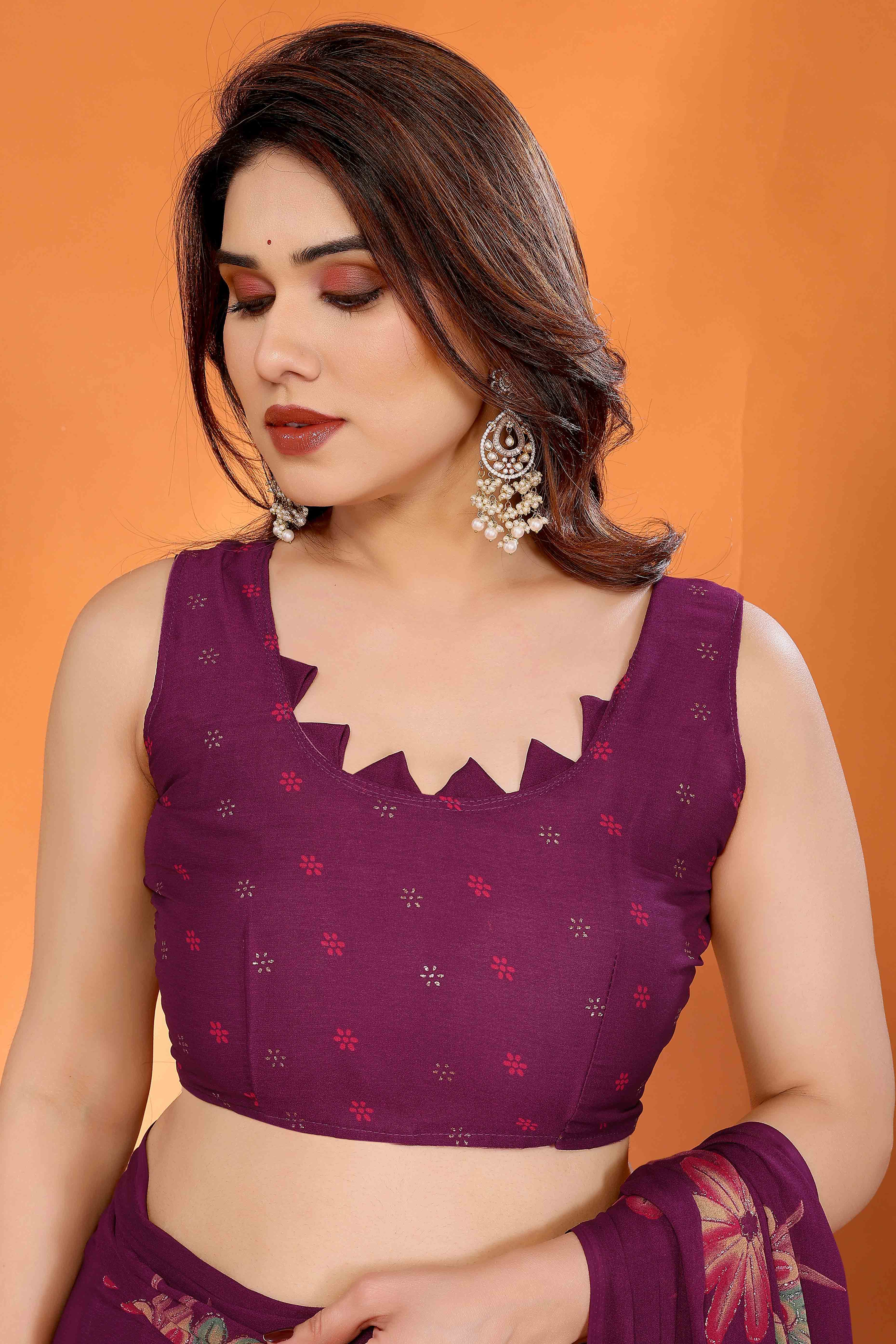 Dark Purple Printed Saree with Zari Woven Charm in Satin Fabric