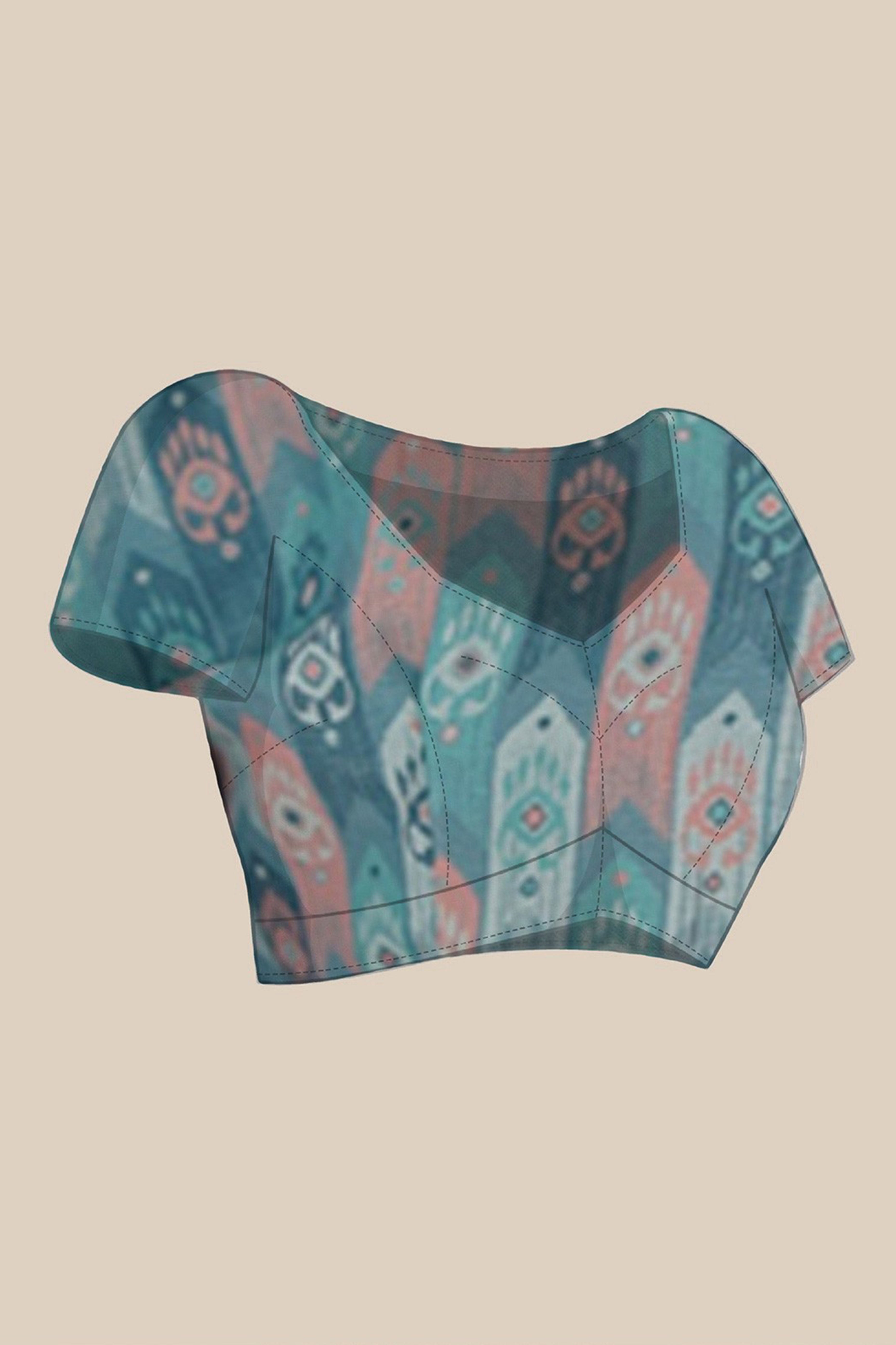 Light Blue Geometric Digital Print Georgette Saree Enhanced With A Sparkling Lace Border