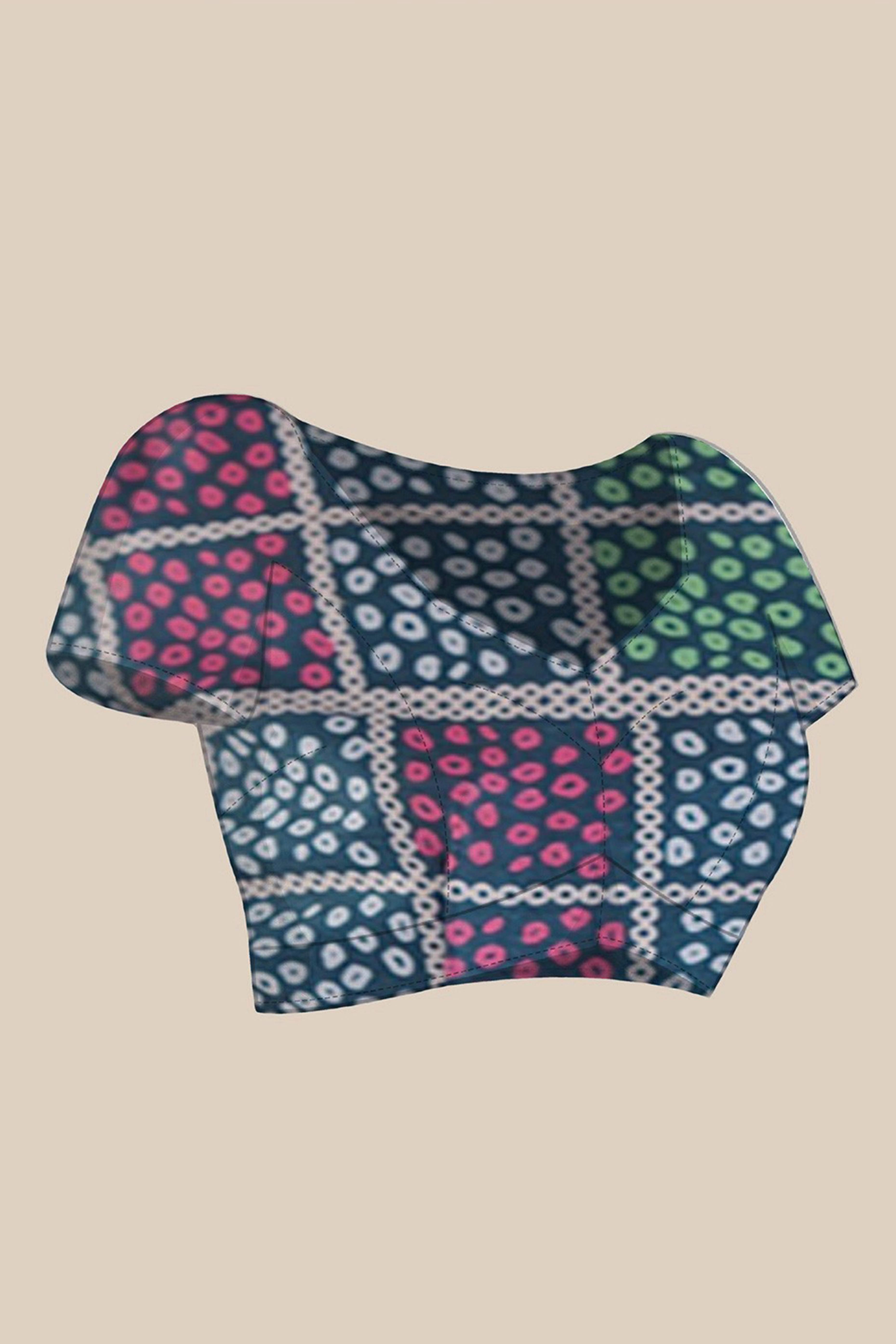 Morpich Blue Bandhani Digital Print Georgette Saree Enhanced With A Sparkling Lace Border