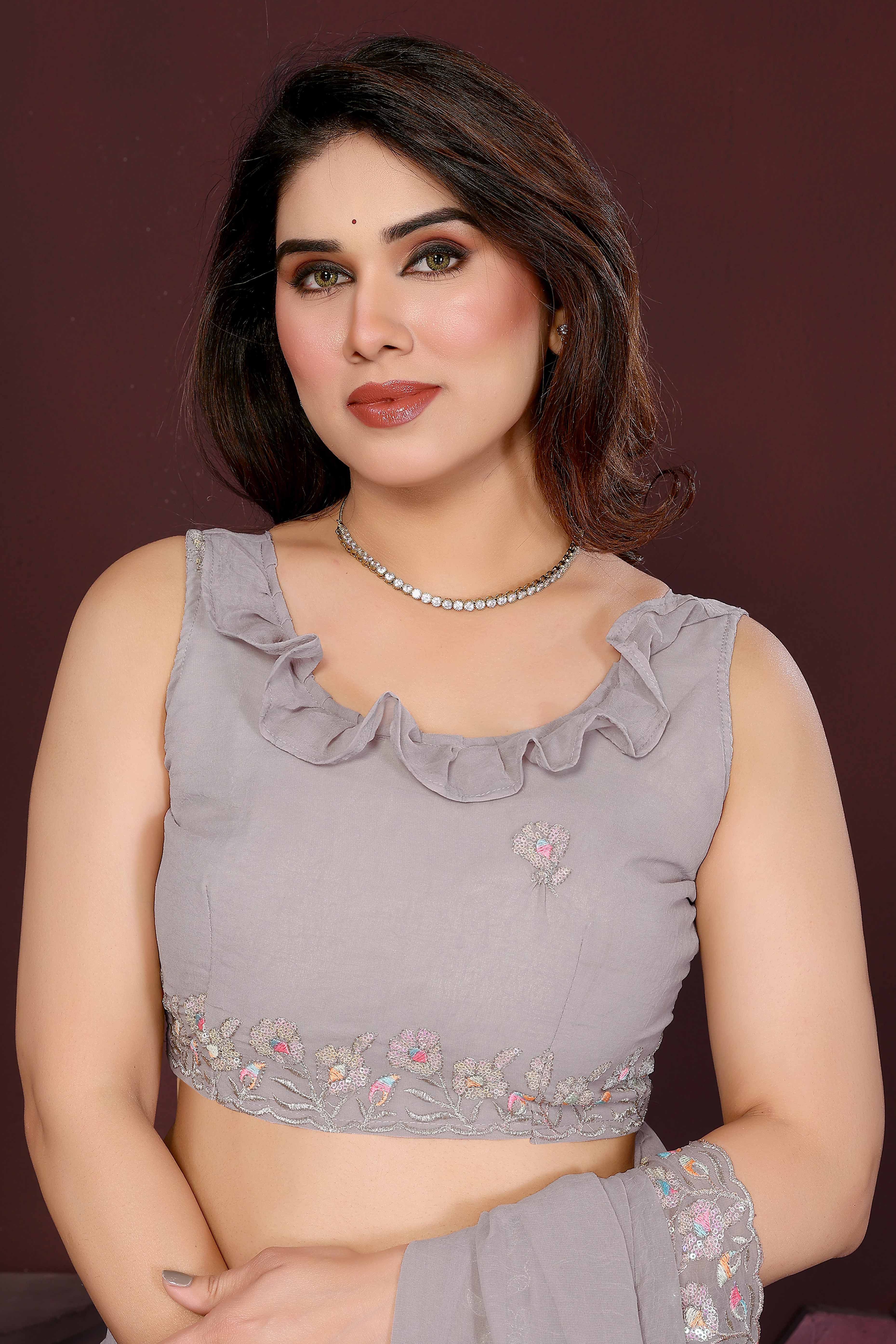 Grey Georgette Saree Featuring Intricate Floral Sequin Embroidery