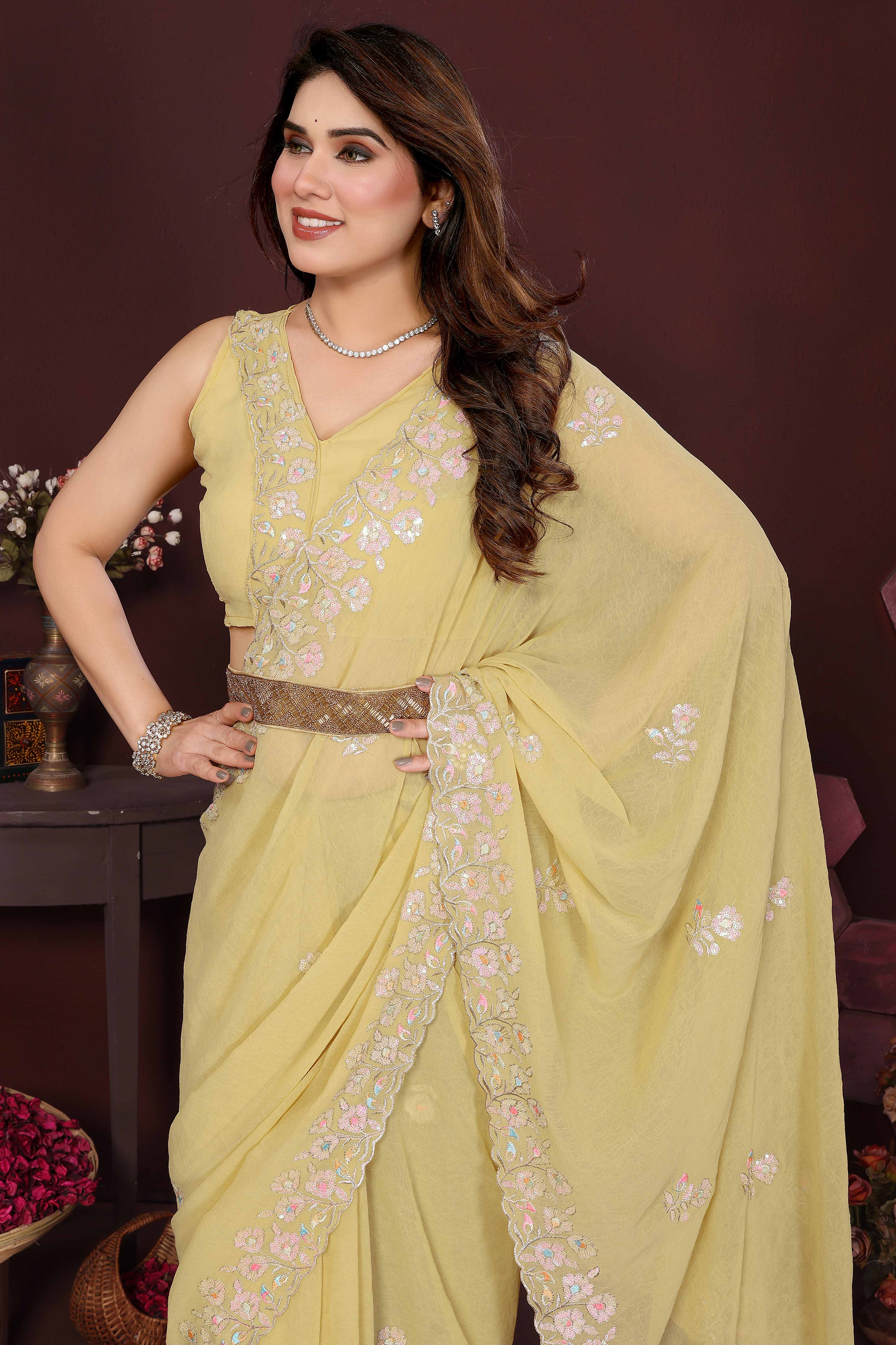 Yellow Georgette Saree Featuring Intricate Floral Sequin Embroidery