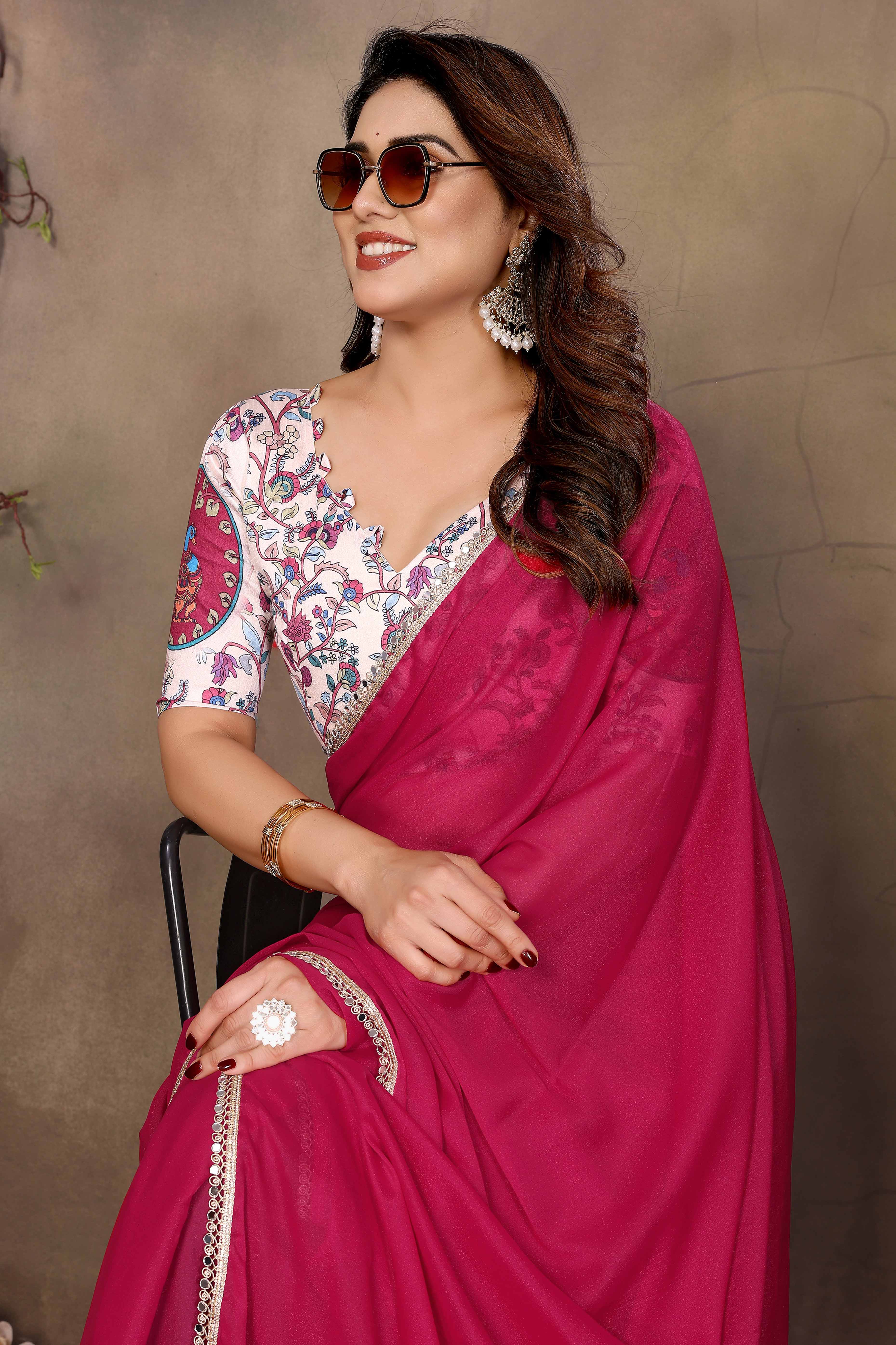 Pink Solid Sparkling Georgette Saree Enhanced With Shimmering Mirror Border