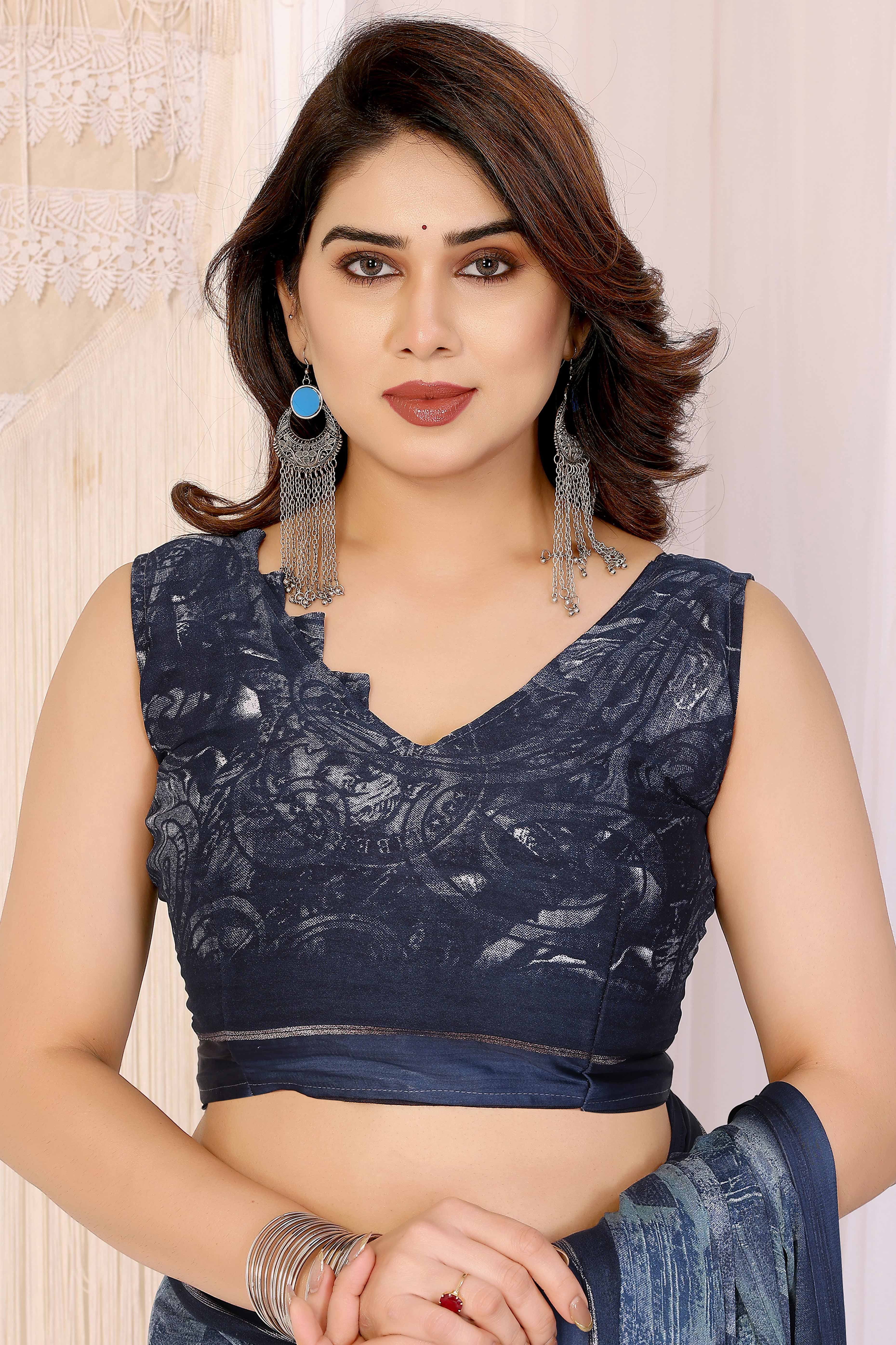 Trendy Blue Saree in Moss Satin with Floral Print Detailing