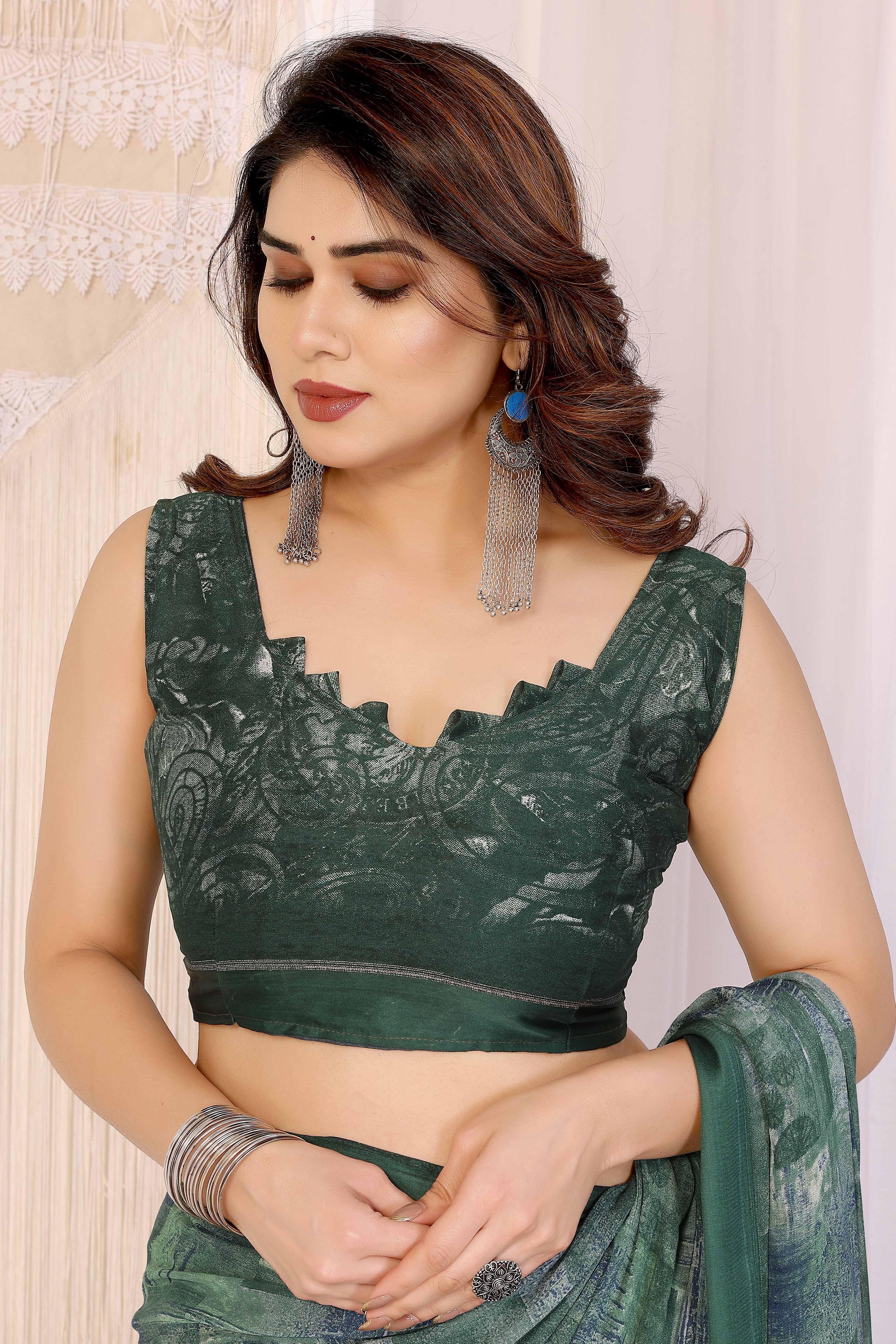 Trendy Green Saree in Moss Satin with Floral Print Detailing