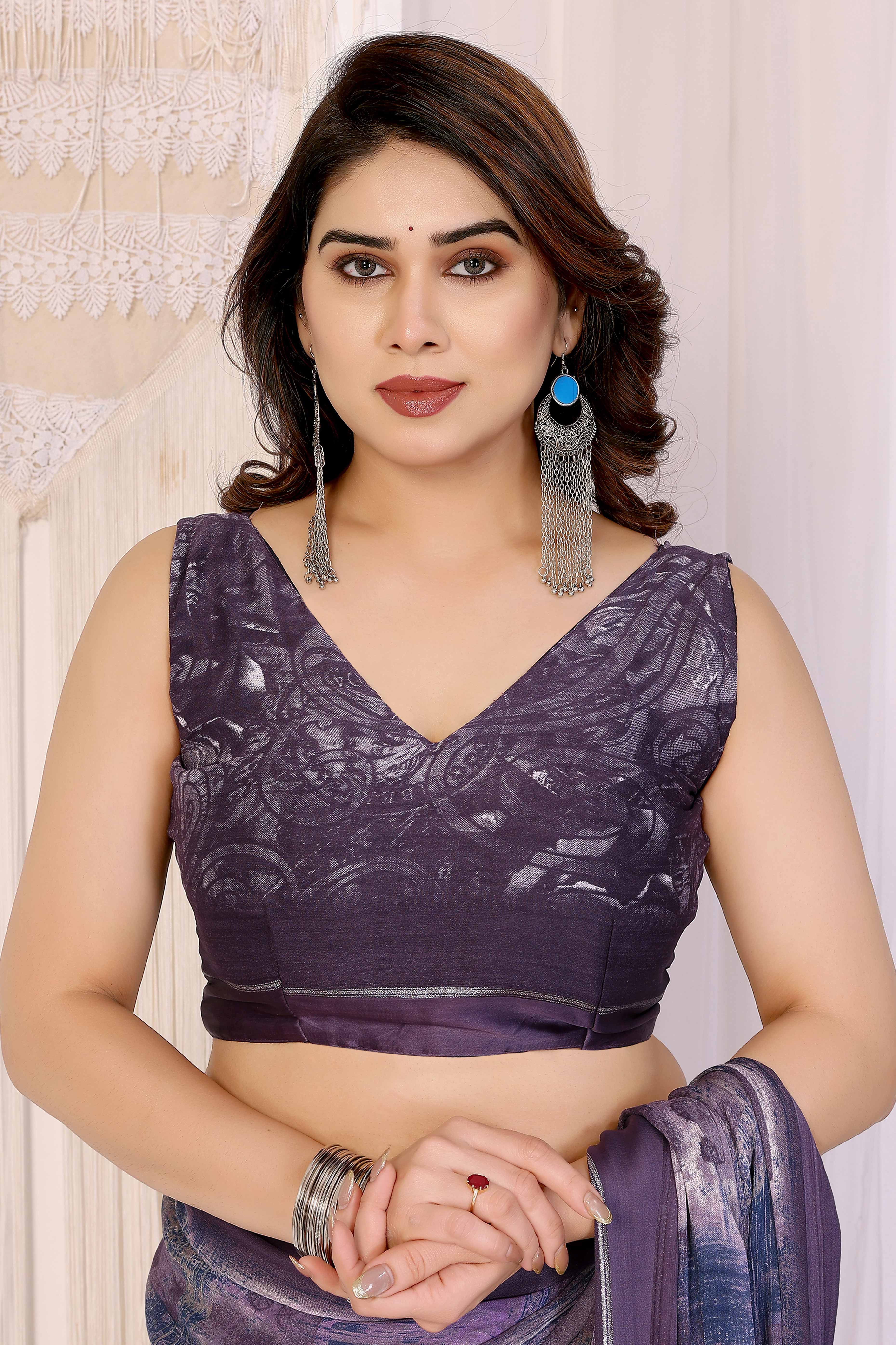 Trendy Purple Saree in Moss Satin with Floral Print Detailing