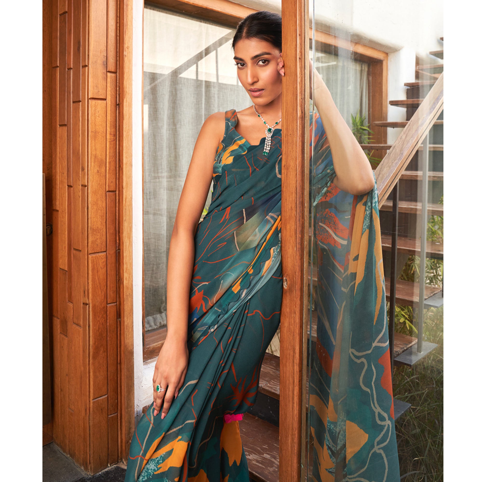 Teal Printed Moss Satin Saree