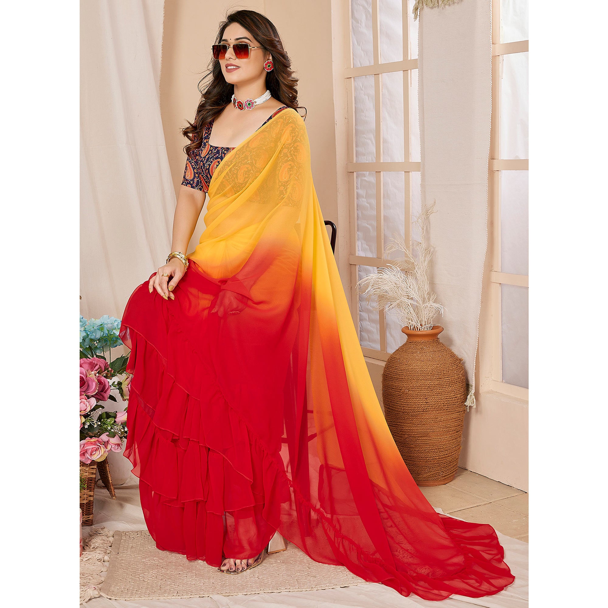 Red & Yellow Ombre Printed Georgette Ruffle Saree
