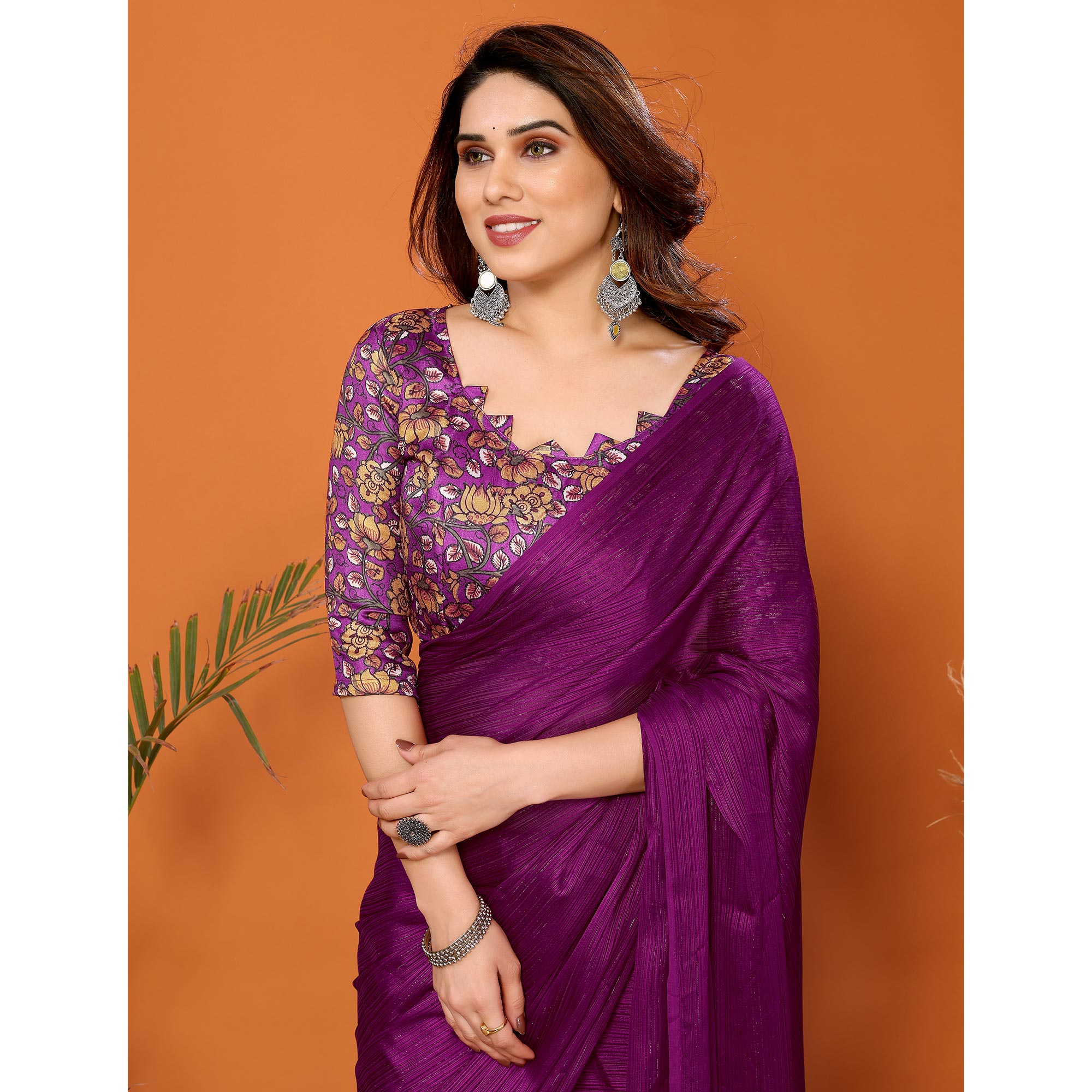 Purple Woven Satin Saree With Tassels