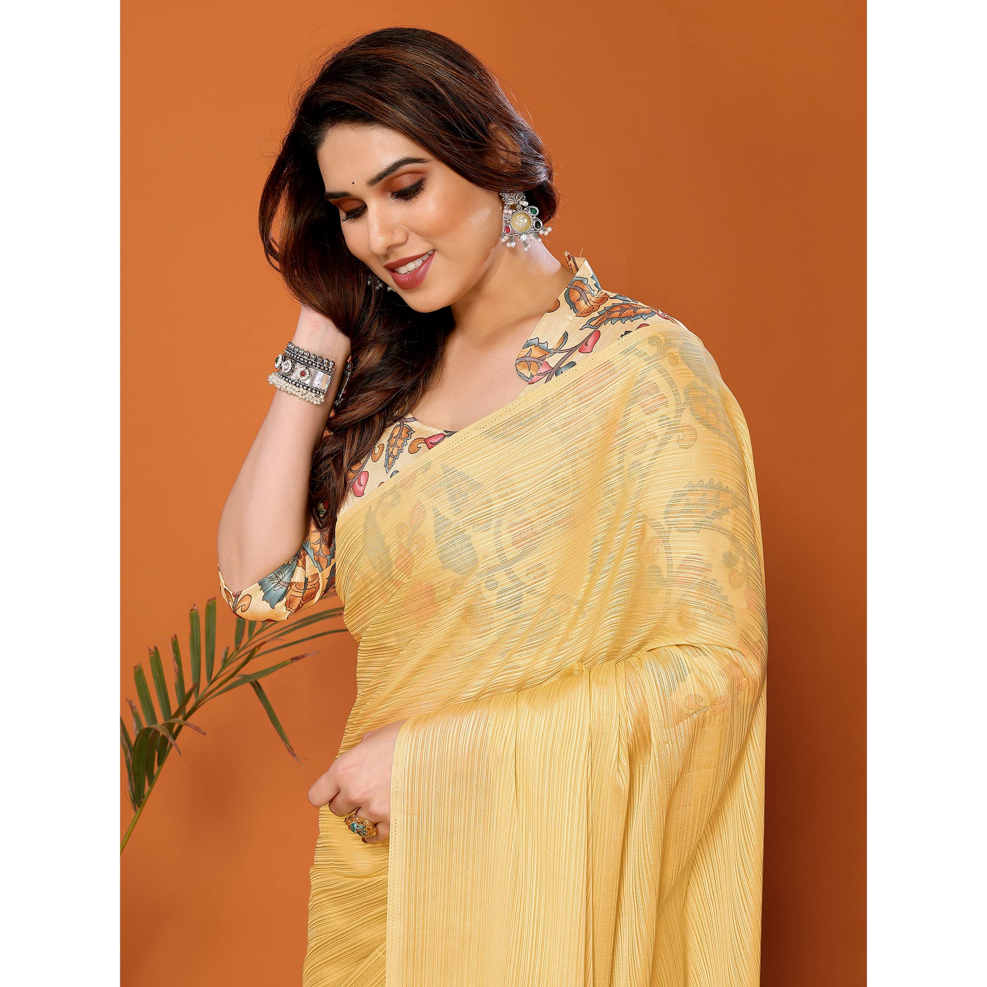 Yellow Woven Satin Saree With Tassels