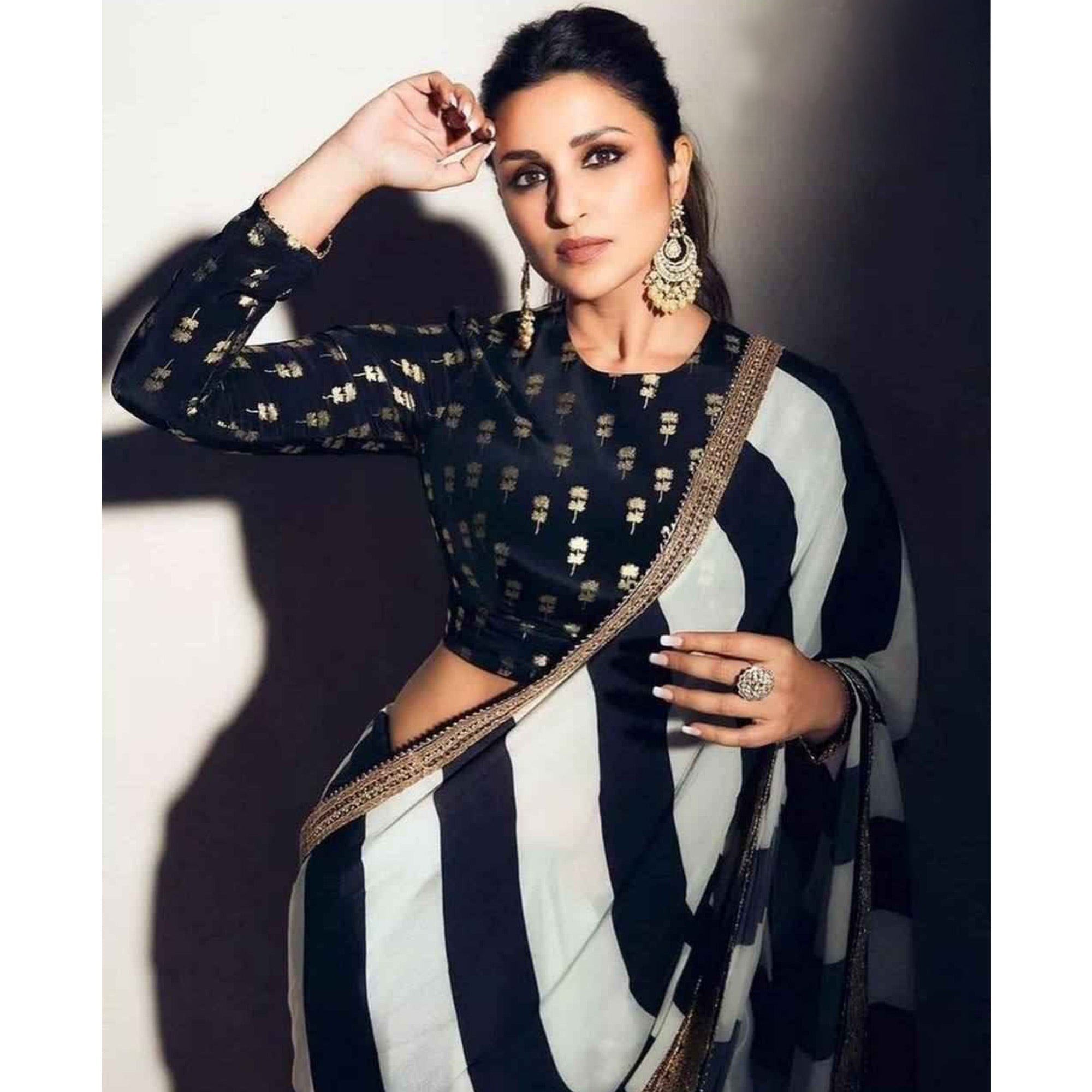 Black & White Striped Printed Georgette Saree