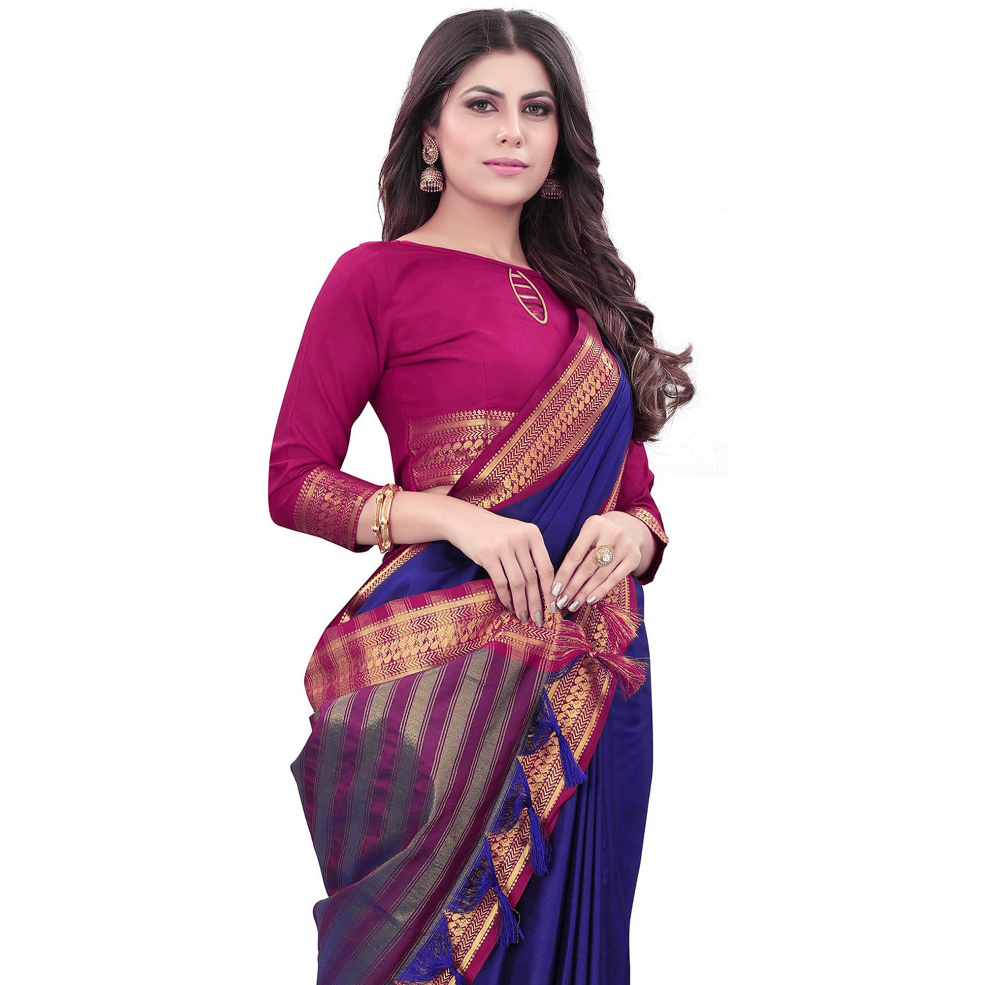 Blue Solid Cotton Silk Saree With Jacquard Border