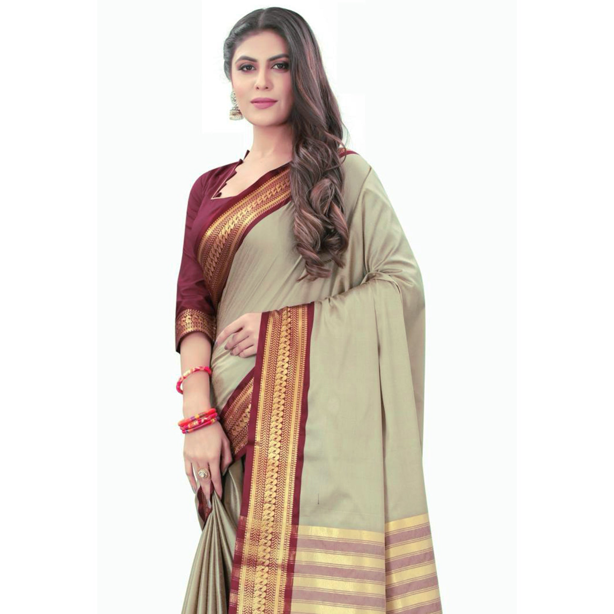 Chikoo Solid Cotton Silk Saree With Jacquard Border