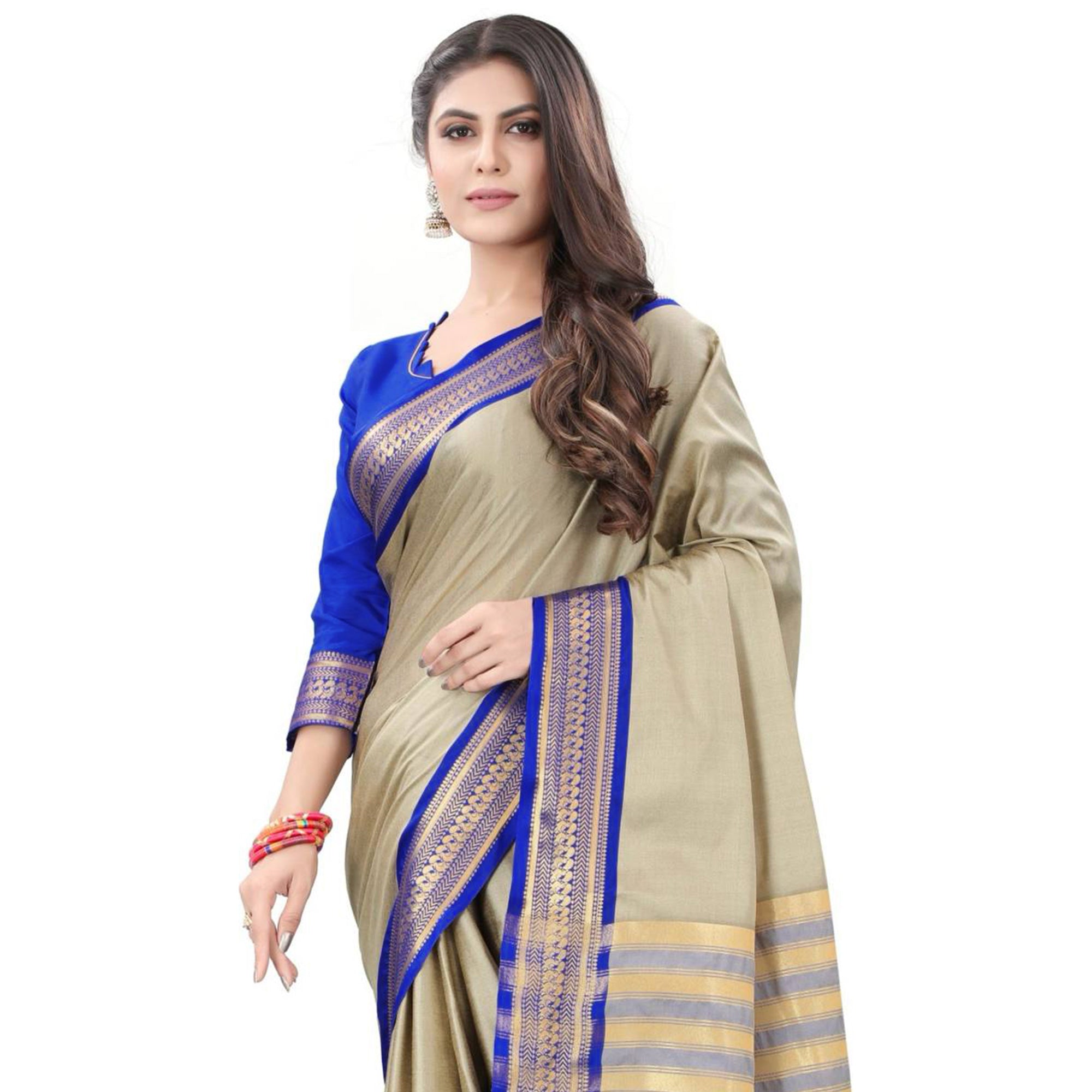 Chikoo & Blue Solid Cotton Silk Saree With Jacquard Border