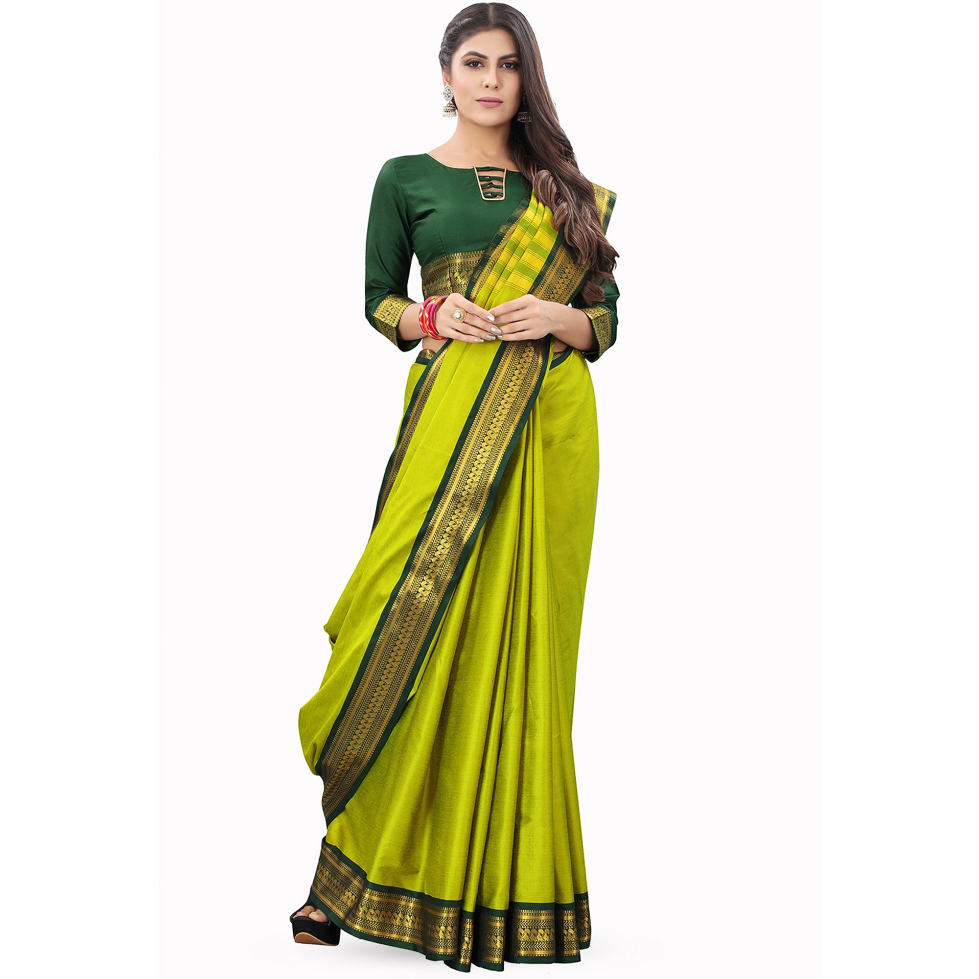 Lemon Green Solid Cotton Silk Saree With Jacquard Border