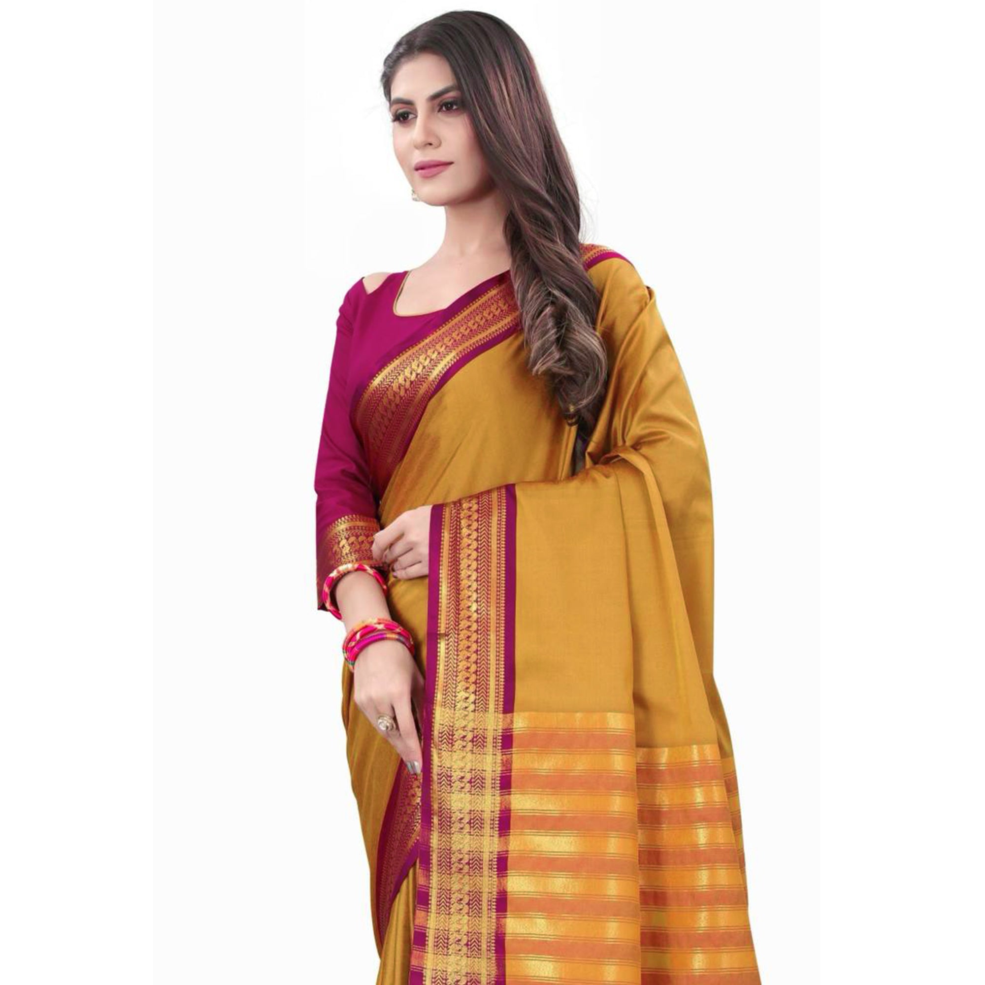 Mustard Solid Cotton Silk Saree With Jacquard Border