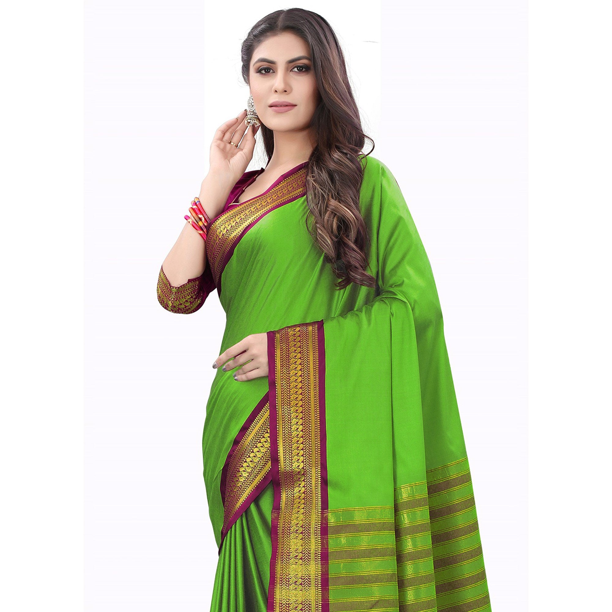 Parrot Green Solid Cotton Silk Saree With Jacquard Border