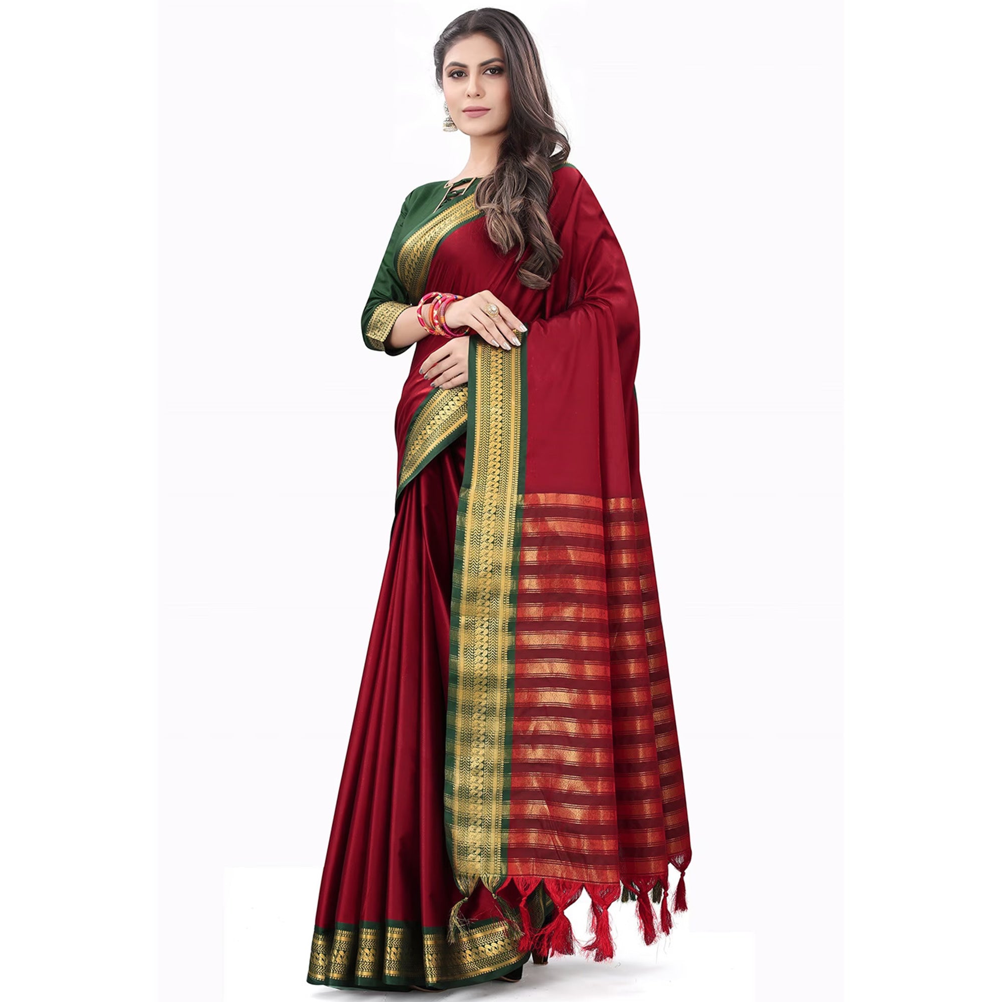 Red Solid Cotton Silk Saree With Jacquard Border