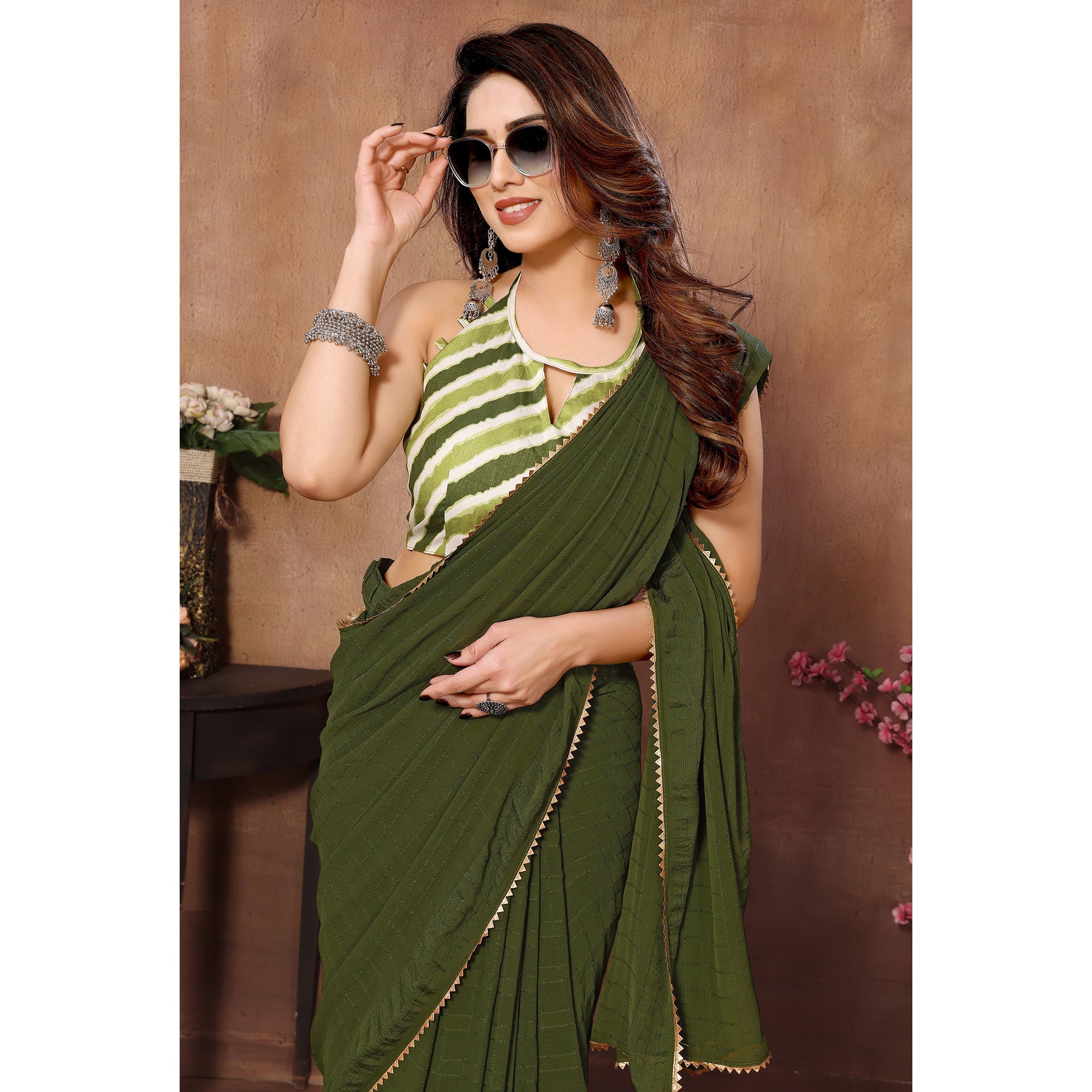 Green Woven Checks Ready To Wear Georgette Saree