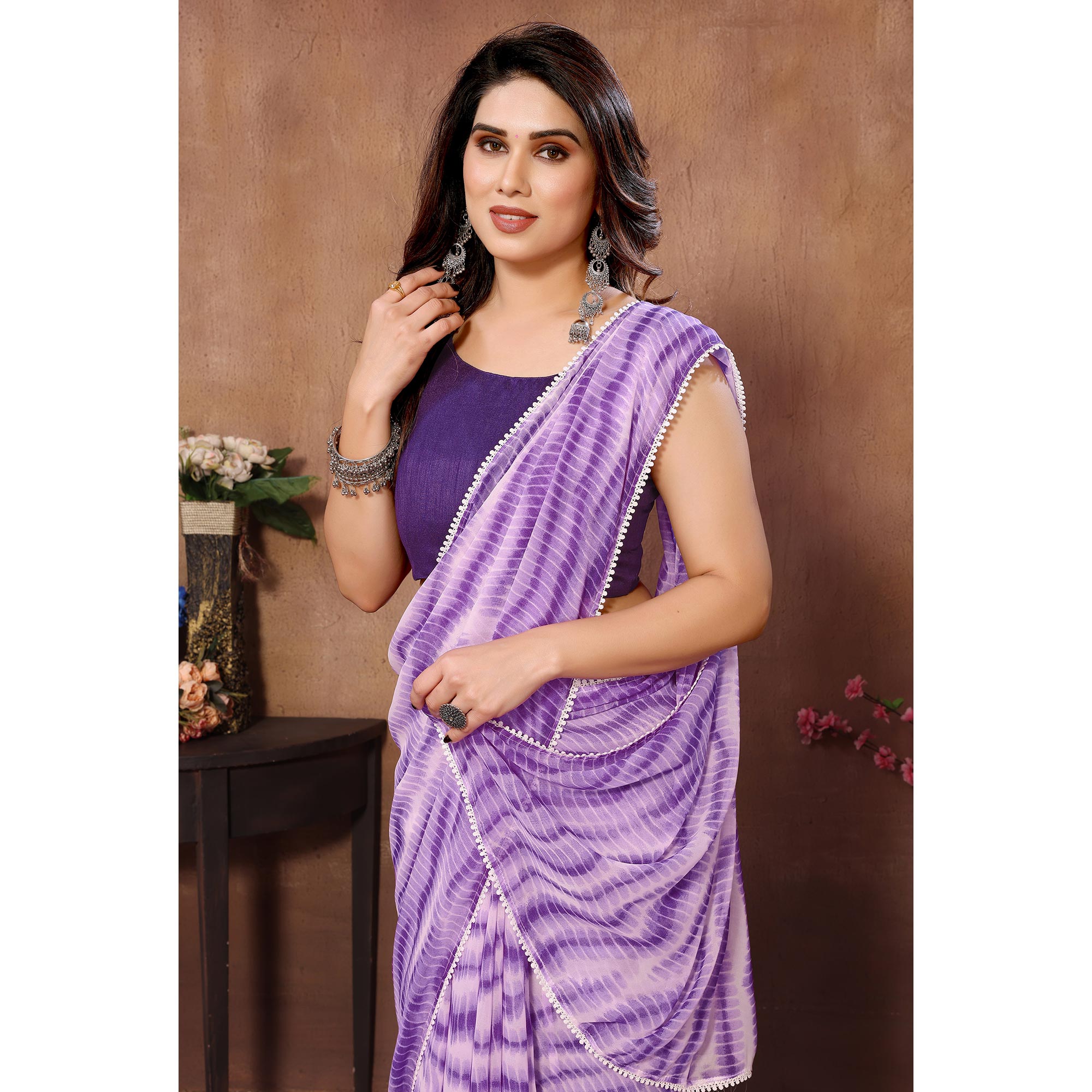 Purple Printed Ready To Wear Georgette Saree