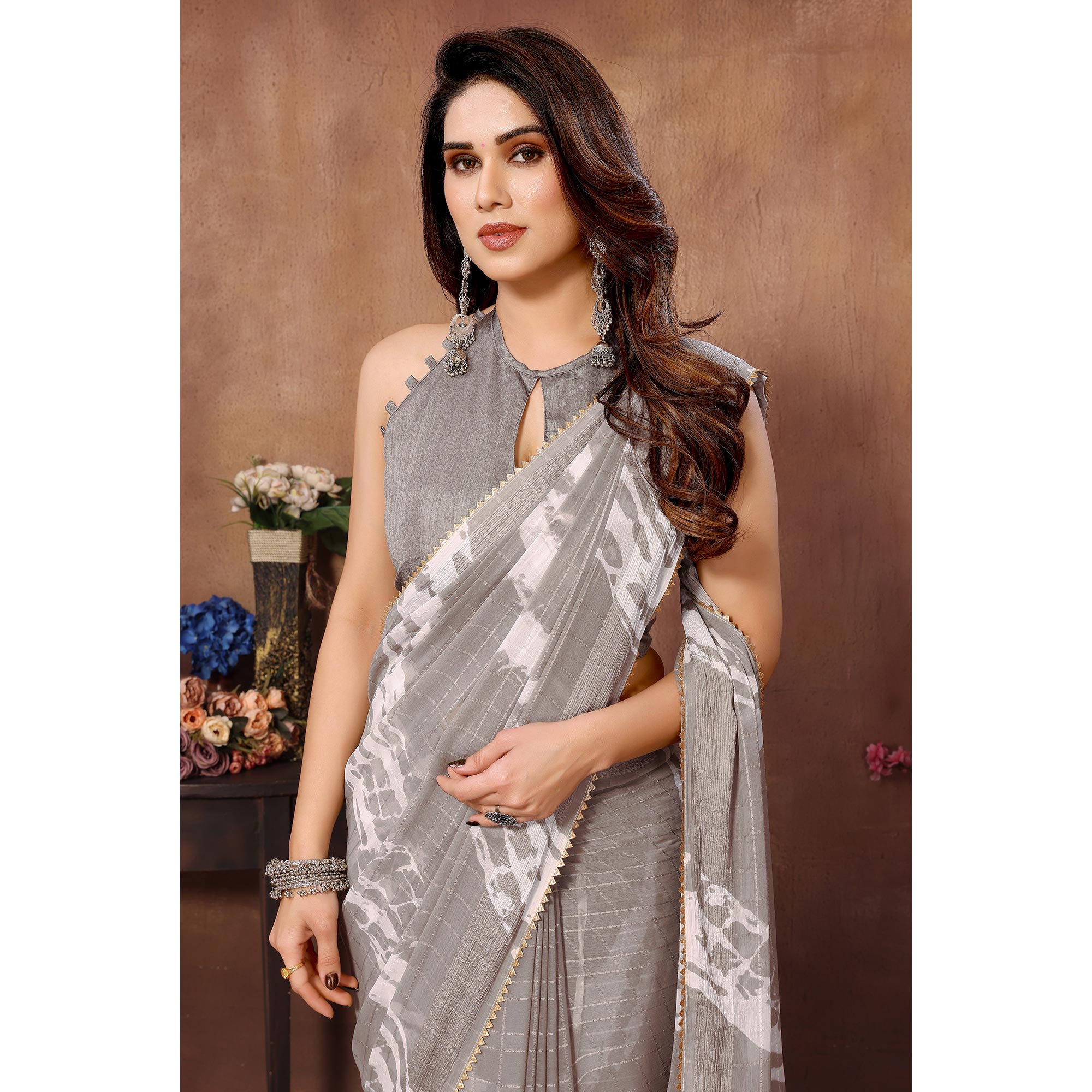 Light Grey Woven With Printed Ready To Wear Georgette Saree
