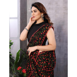 Black Floral Printed Georgette Ready To Wear Saree