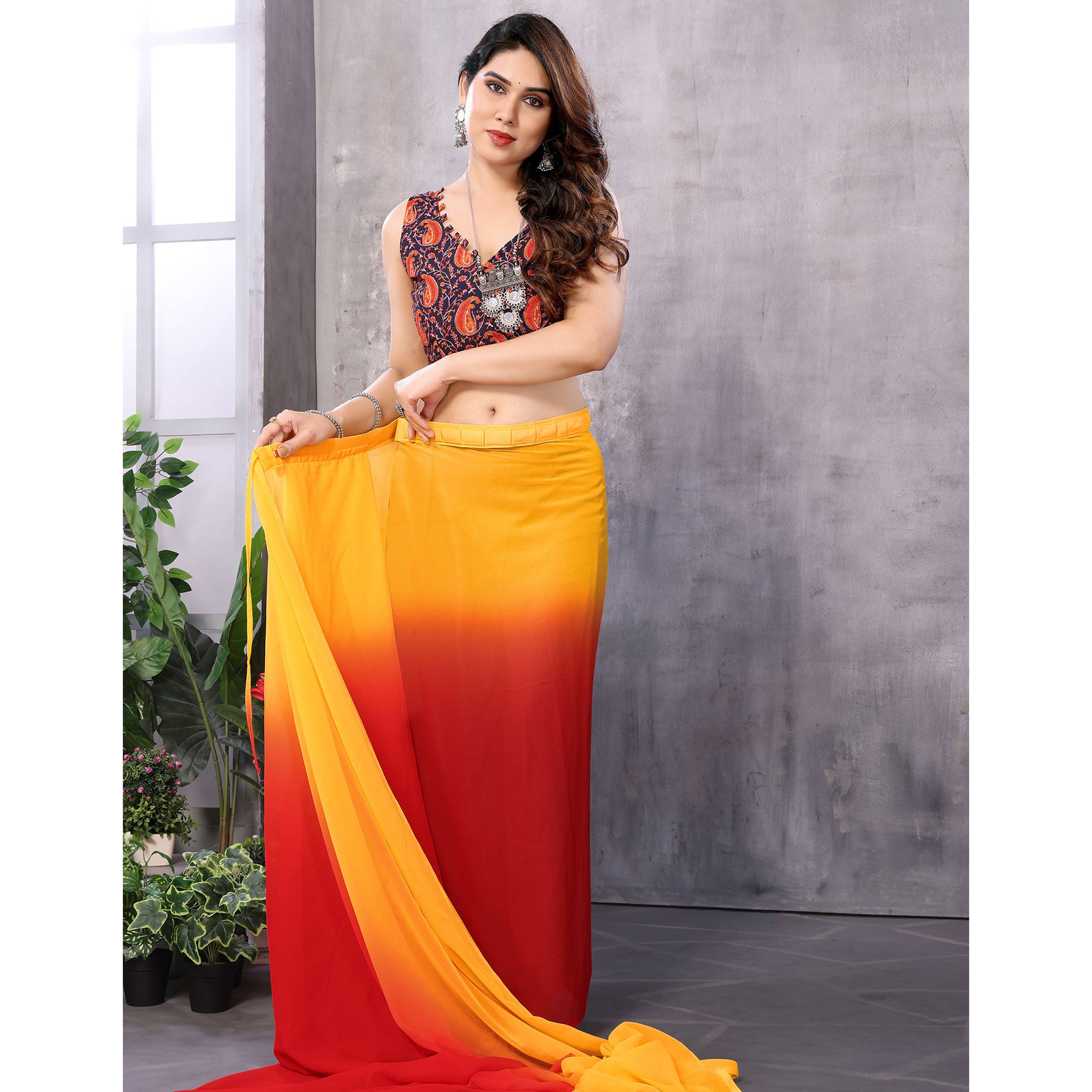 Red & Orange Ombre Printed Georgette Ready To Wear Saree