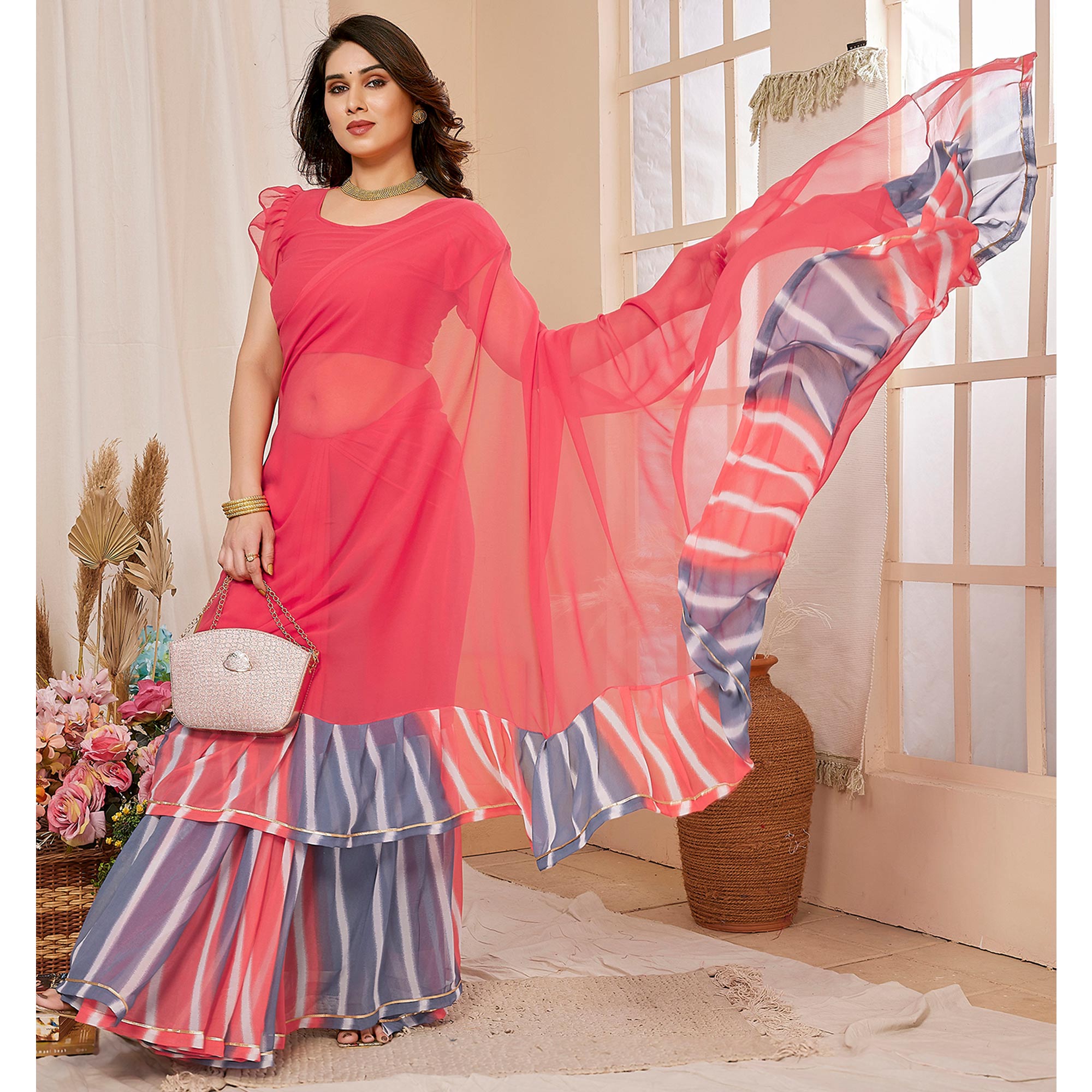 Pink Solid Georgette Saree With Printed Ruffle Border