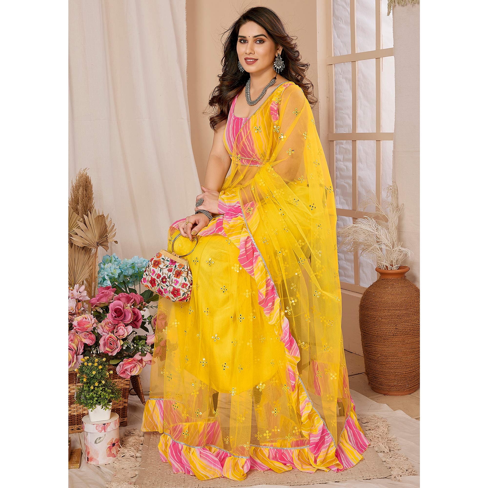 Yellow Embroidered Georgette Ruffle Saree