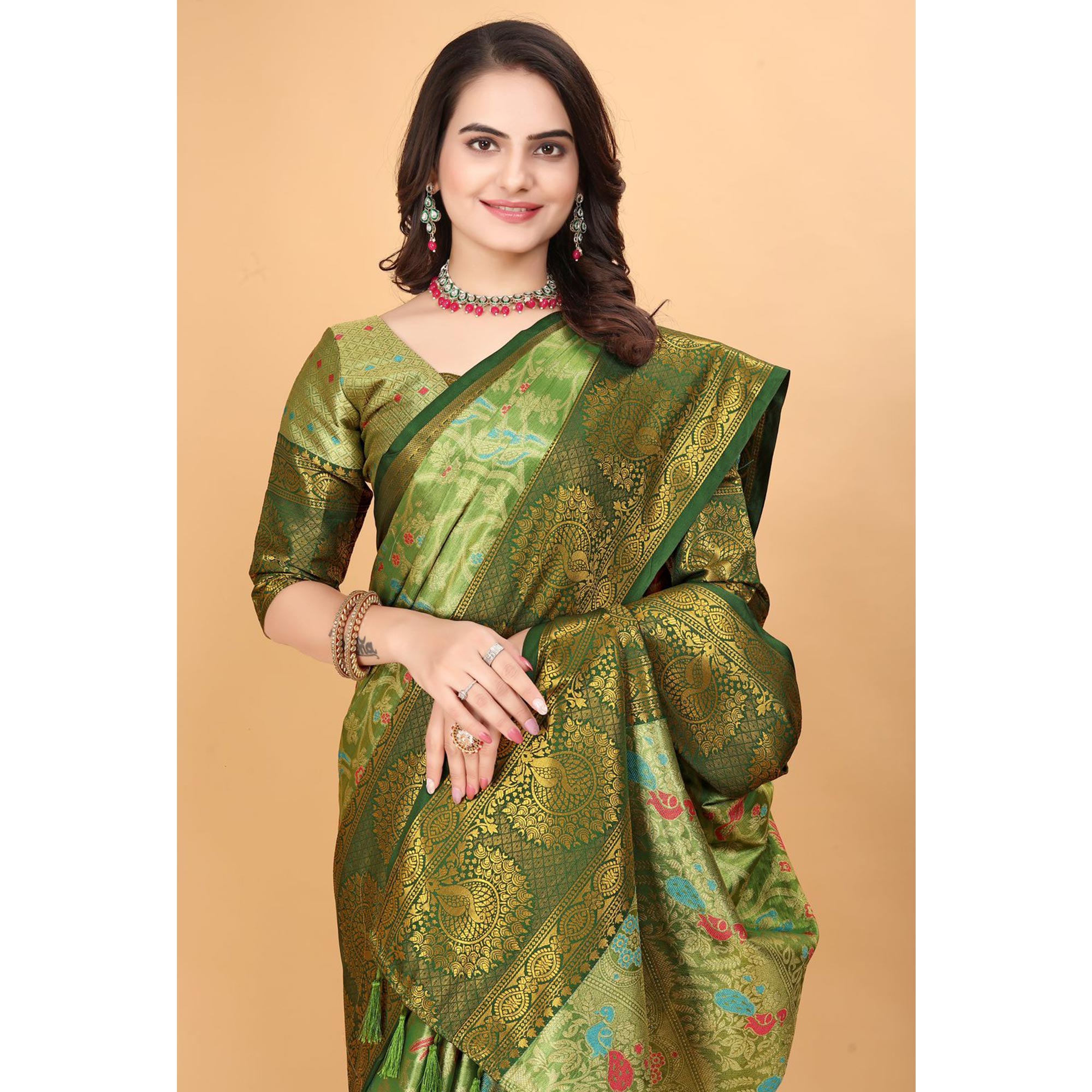 Green Floral Woven Tissue Silk Saree With Tassels