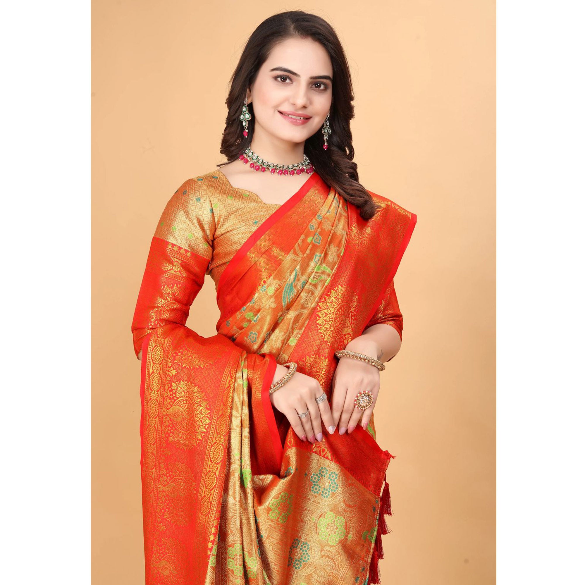 Orange & Red Floral Woven Tissue Silk Saree With Tassels