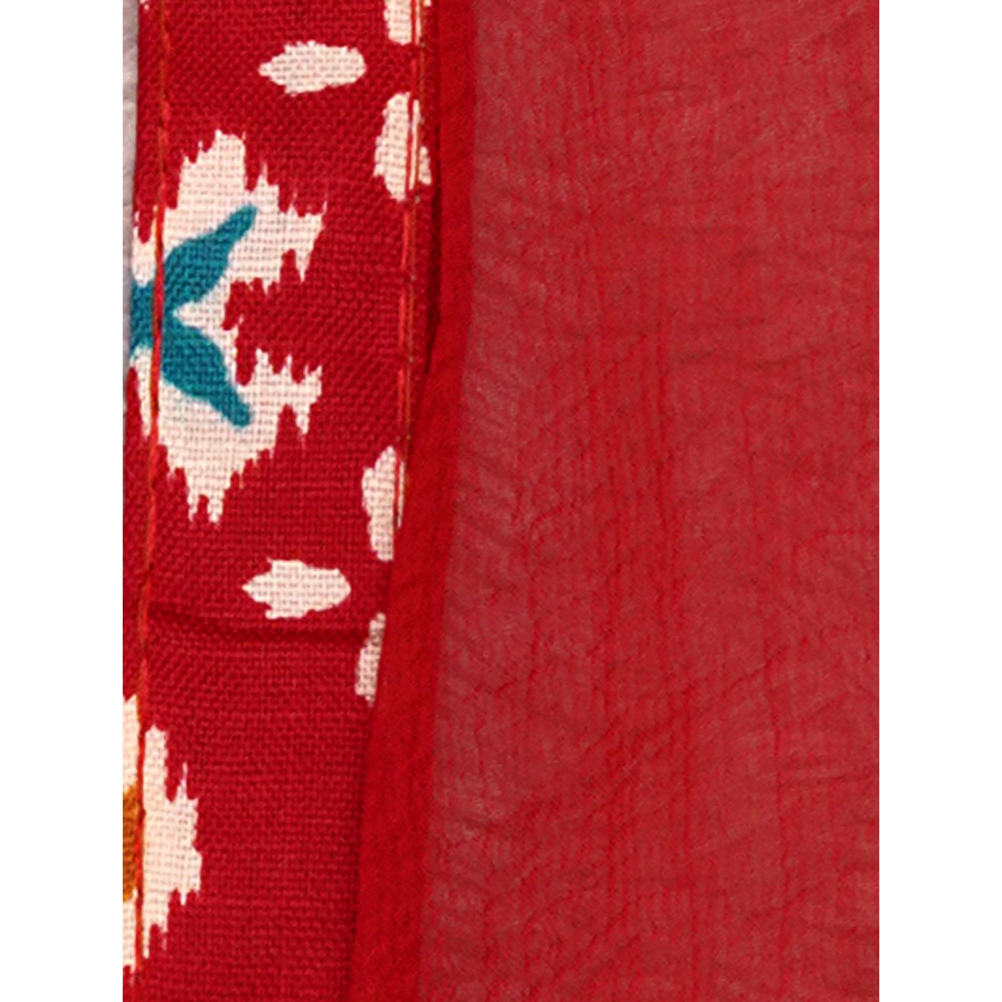 Red Printed With Embroidered Cotton Blend Dress Material