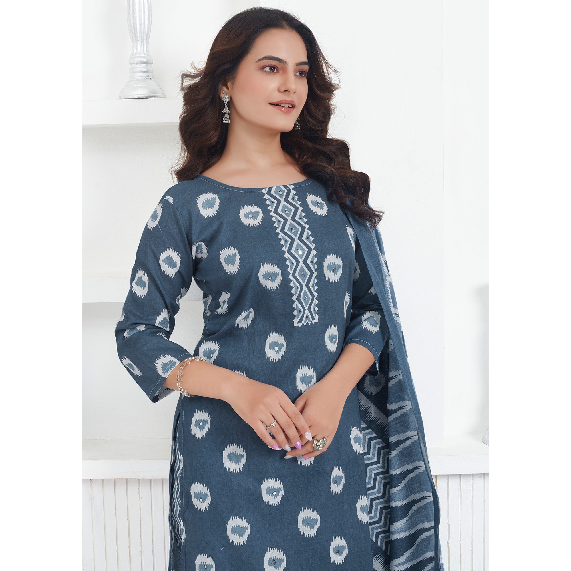 Grey Printed Pure Cotton Salwar Suit With Mirror Work