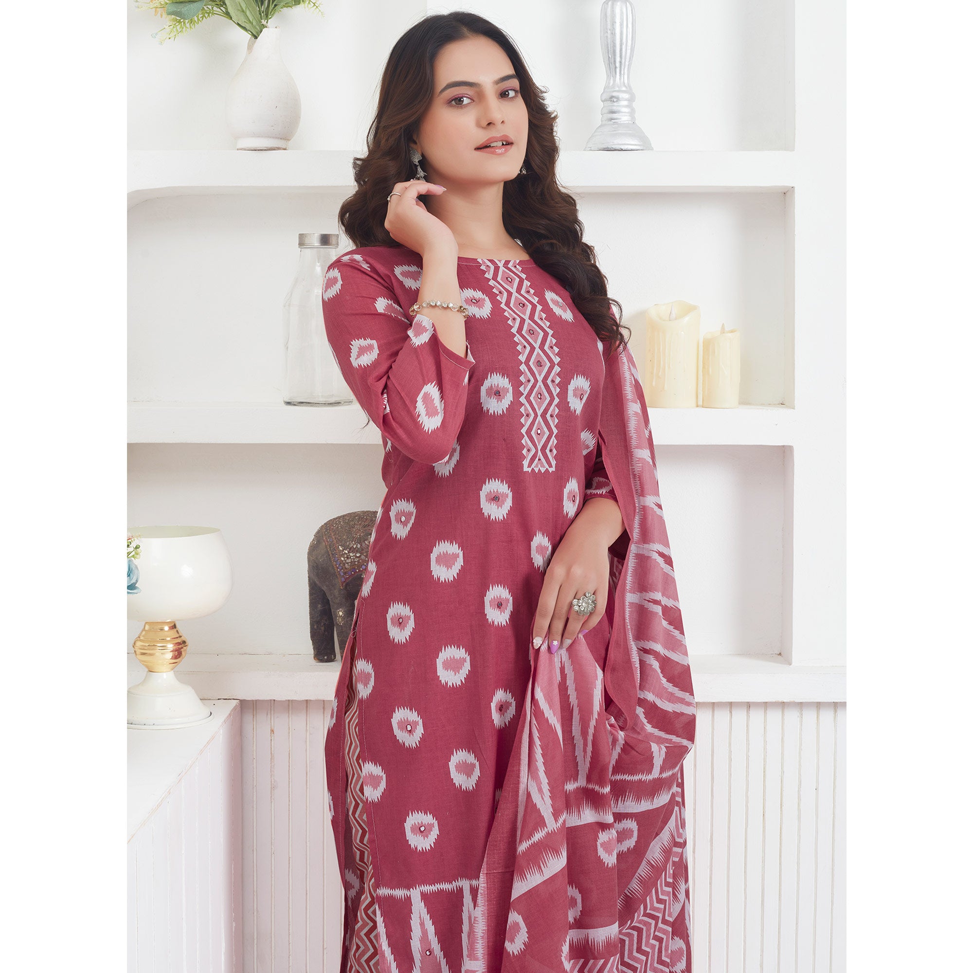 Light Red Printed Pure Cotton Salwar Suit With Mirror Work