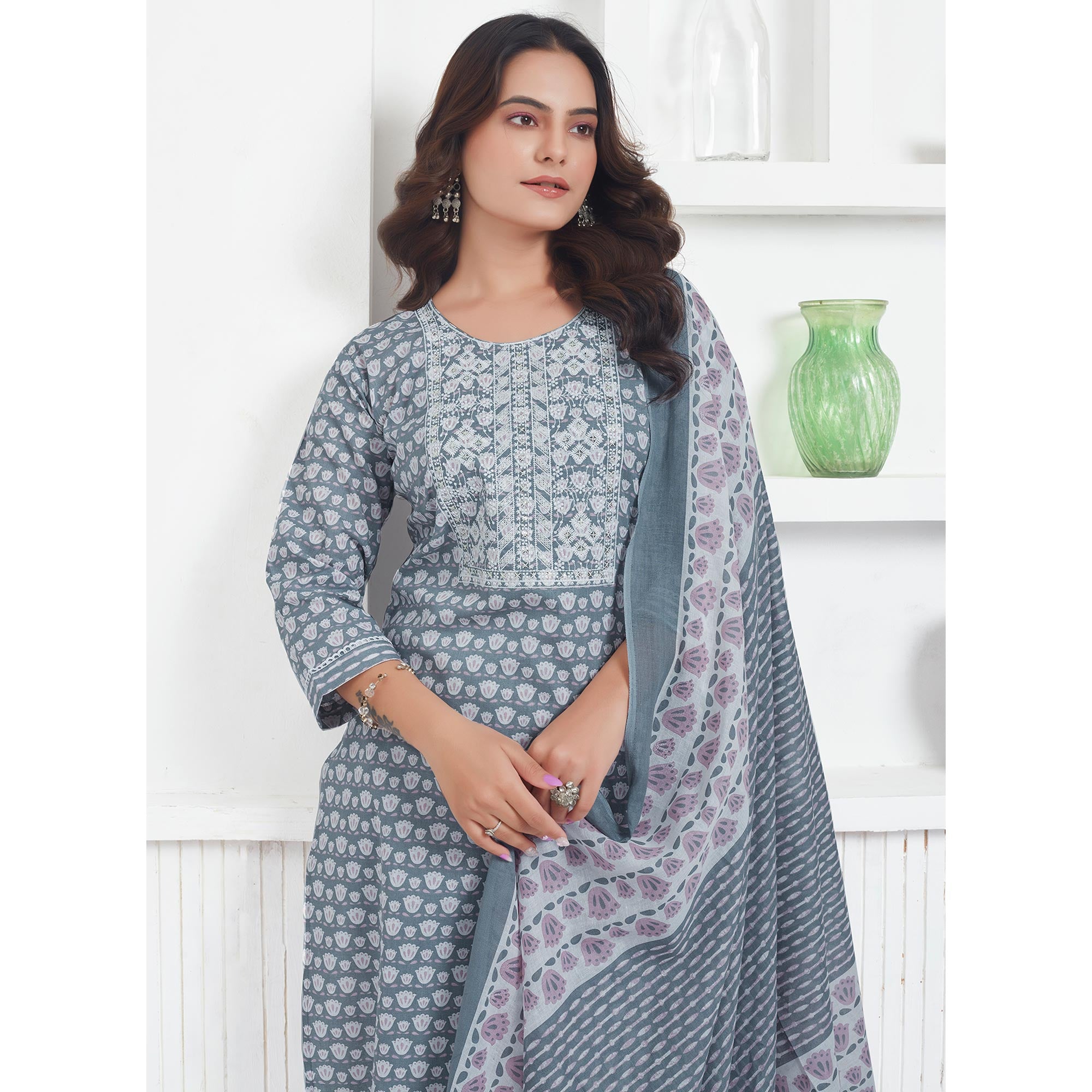 Grey Printed Pure Cotton Salwar Suit With Sequins Work