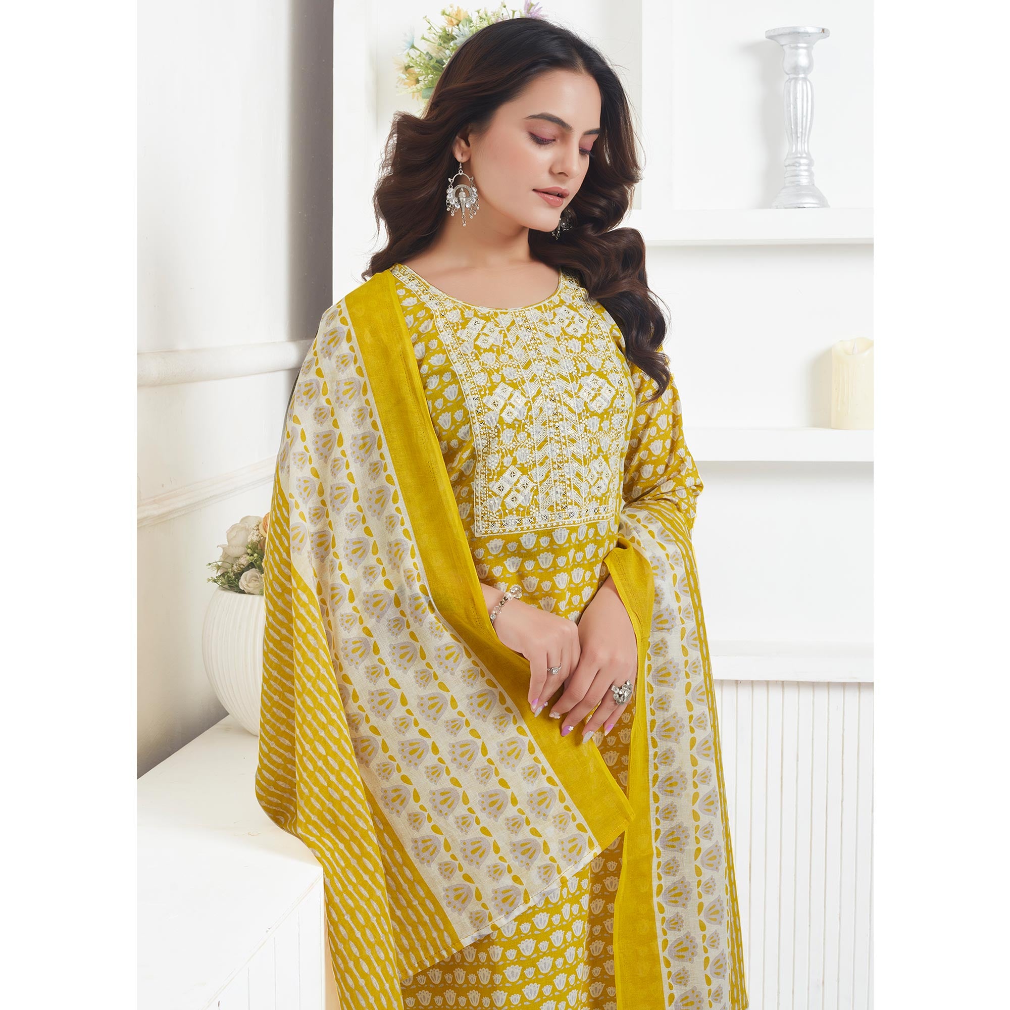 Mustard Printed Pure Cotton Salwar Suit With Sequins Work