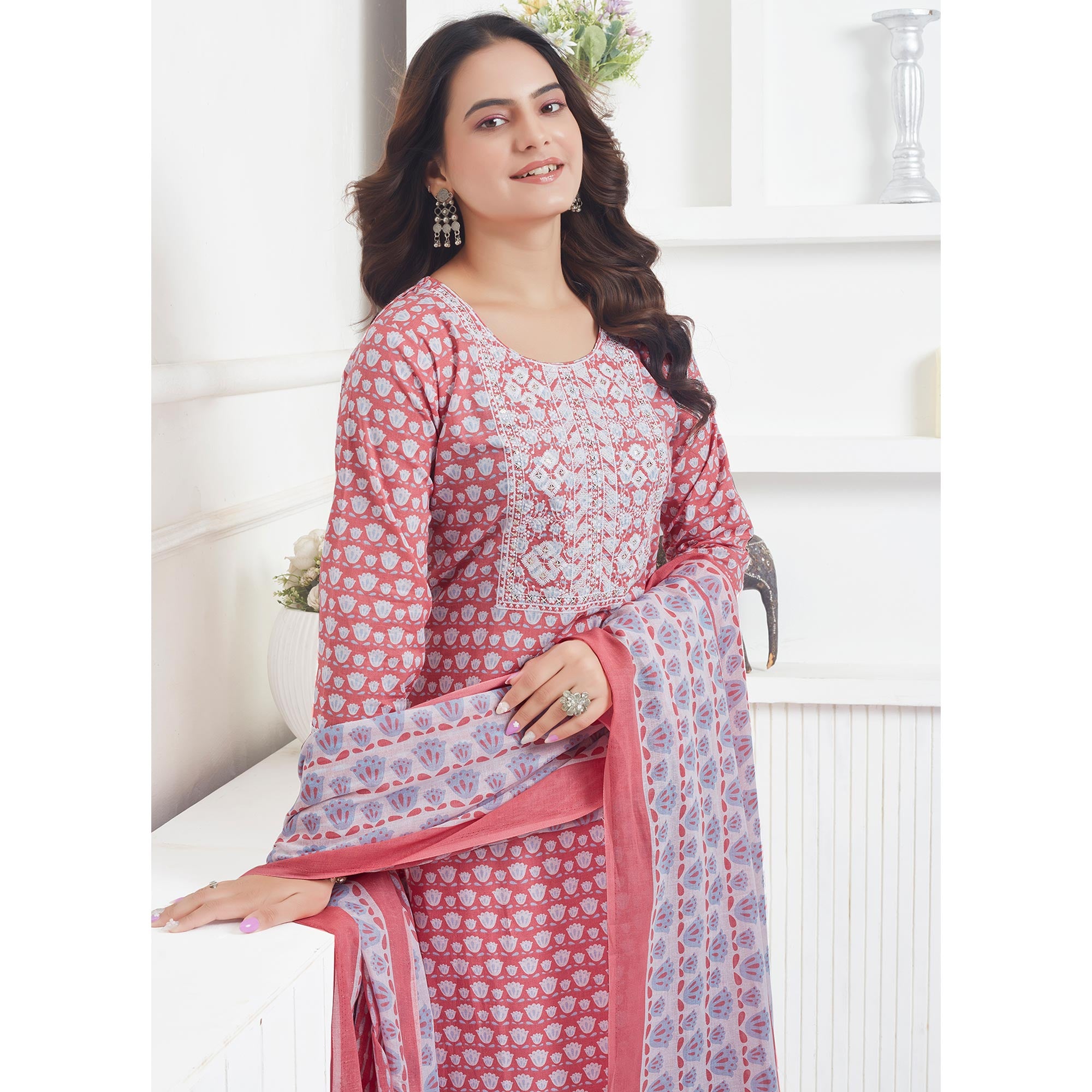 Peach Printed Pure Cotton Salwar Suit With Sequins Work