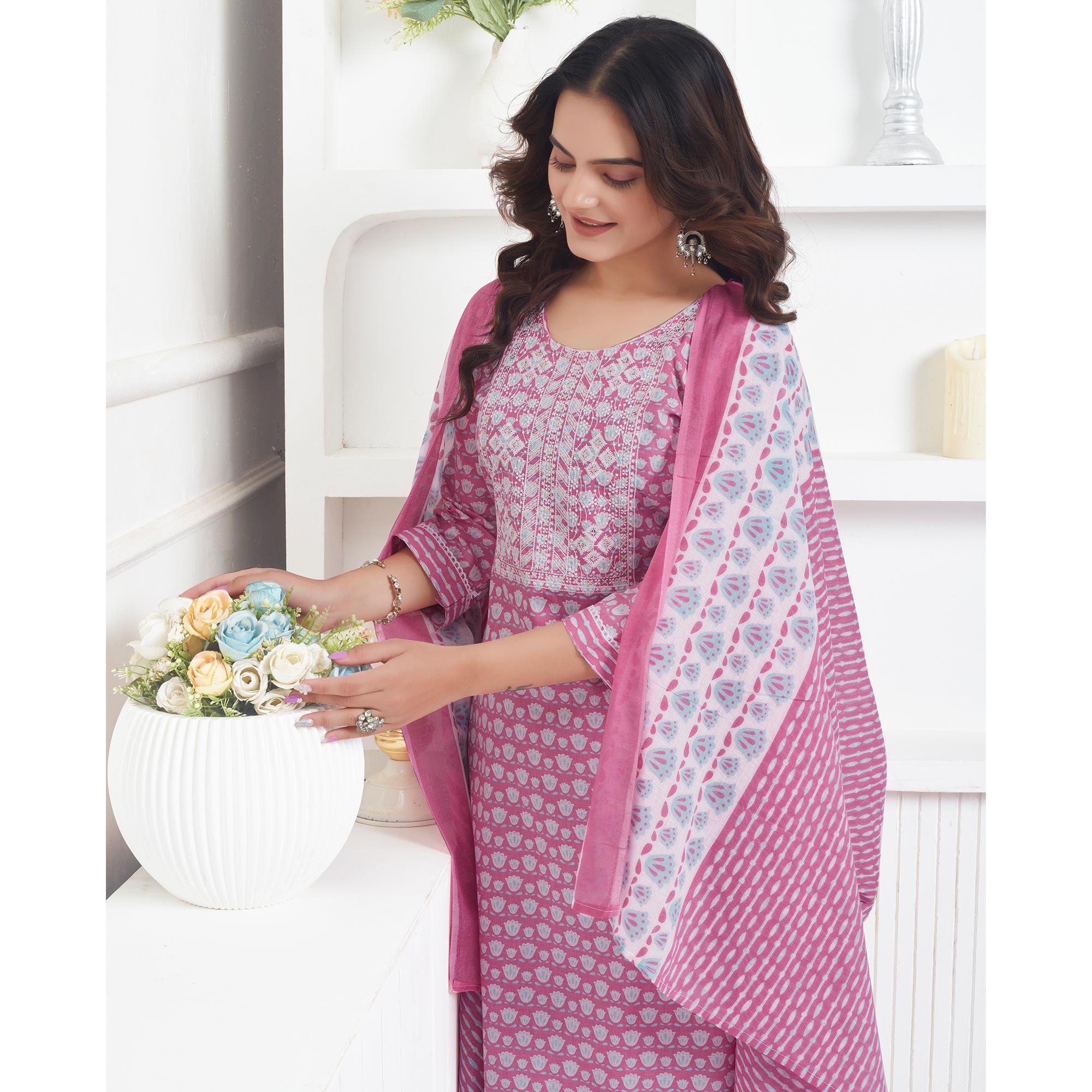 Pink Printed Pure Cotton Salwar Suit With Sequins Work