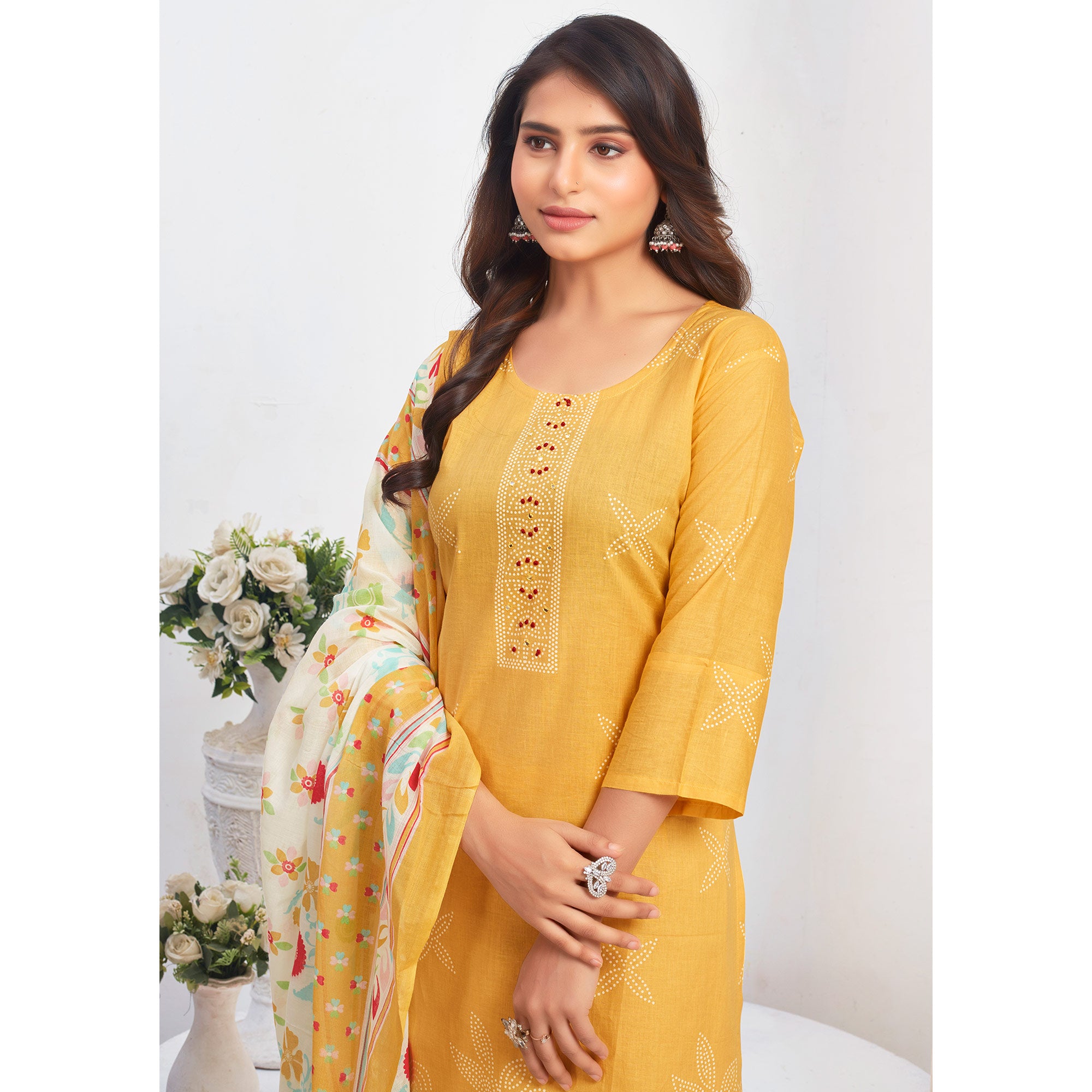 Mustard Floral Printed Pure Cotton Salwar Suit