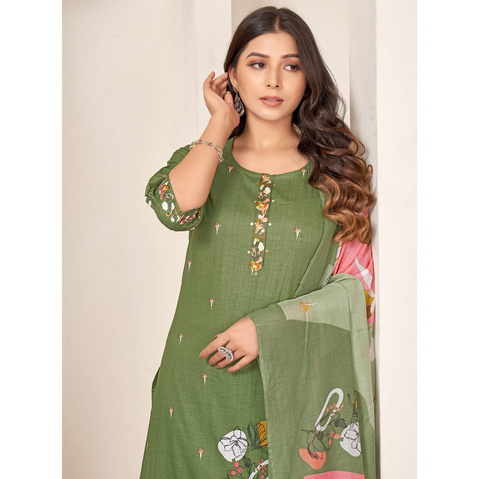 Green Floral Printed Pure Cotton Straight Salwar Suit