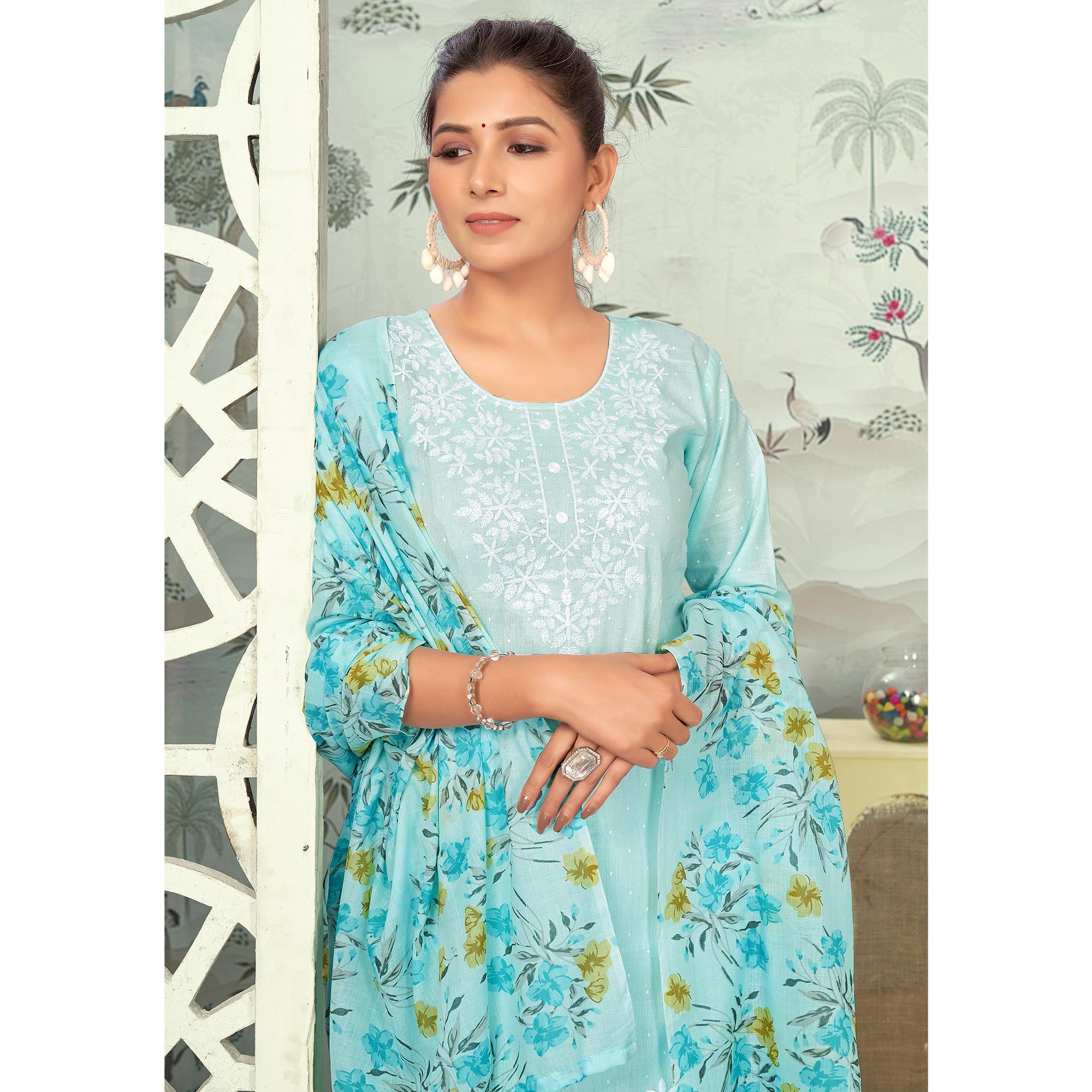 Blue Embroidered Pure Cotton Salwar Suit