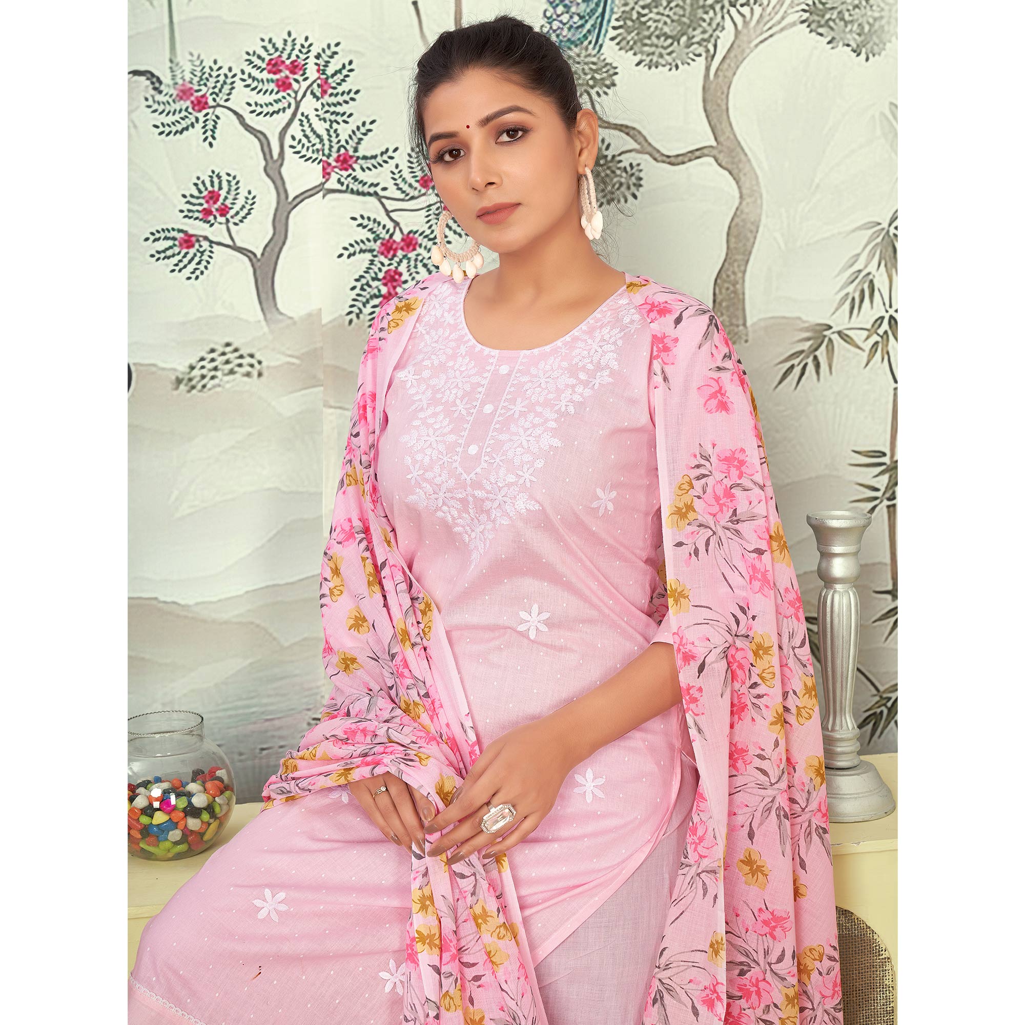 Light Pink Embroidered Pure Cotton Salwar Suit