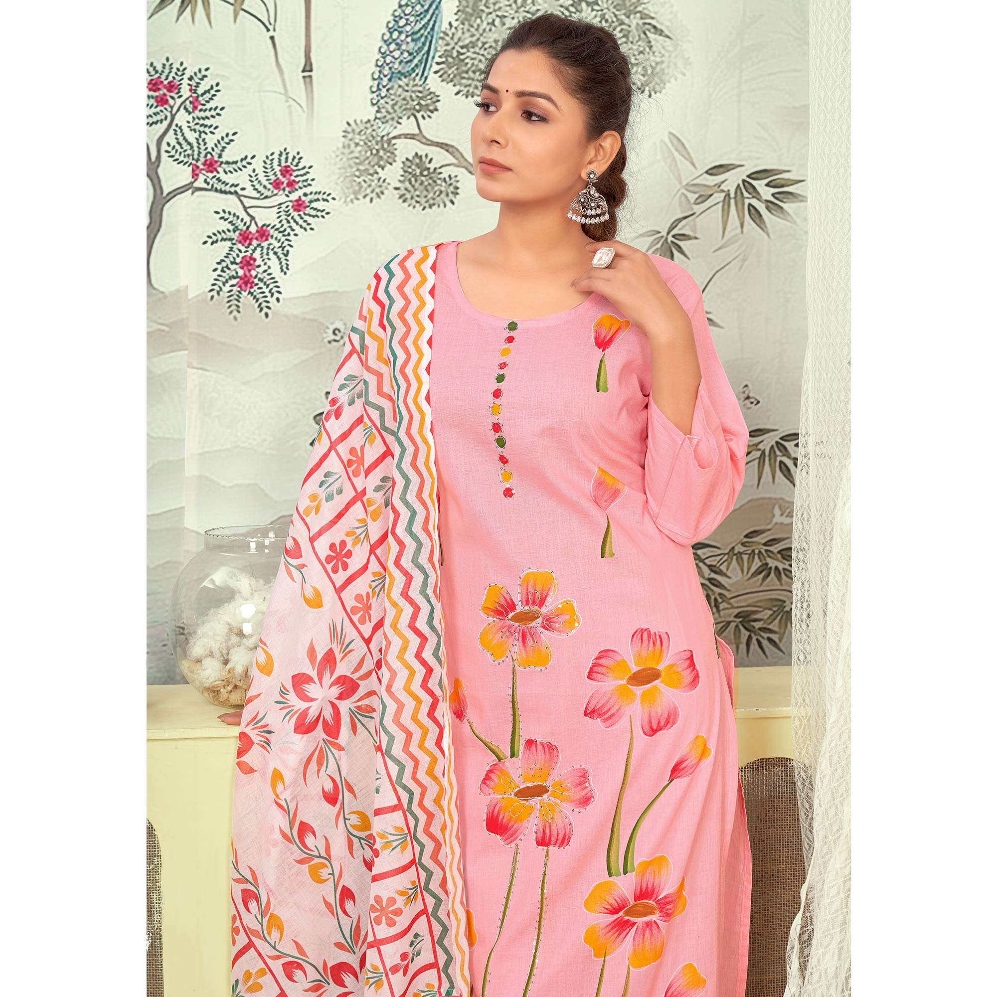 Pink Floral Printed Pure Cotton Salwar Suit