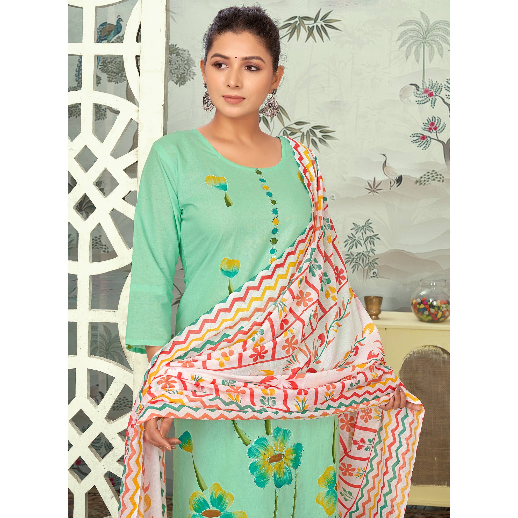 Sea Green Floral Printed Pure Cotton Salwar Suit