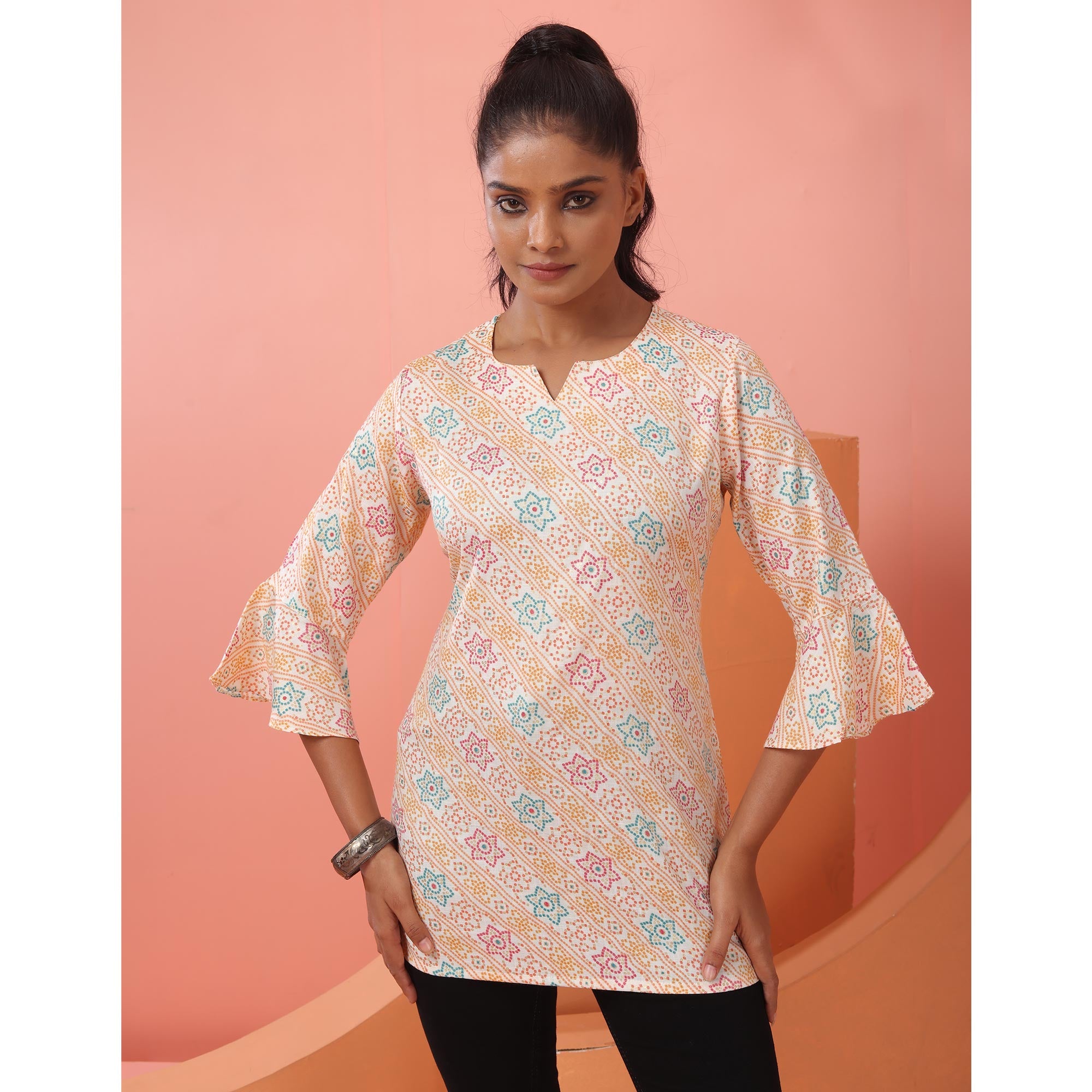 Orange Foil Printed Rayon Top