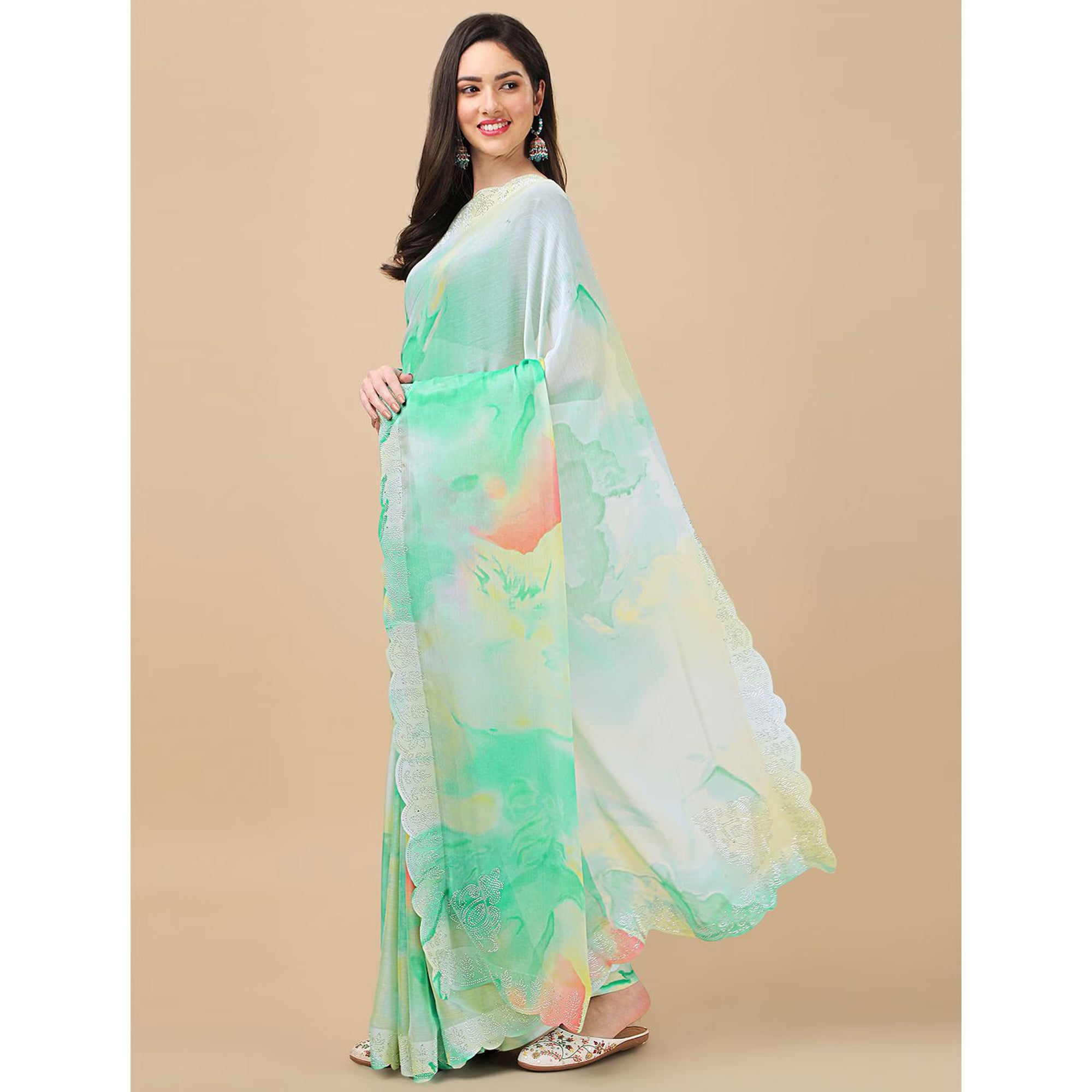 Light Green Printed With Swarovski Work Chiffon Saree
