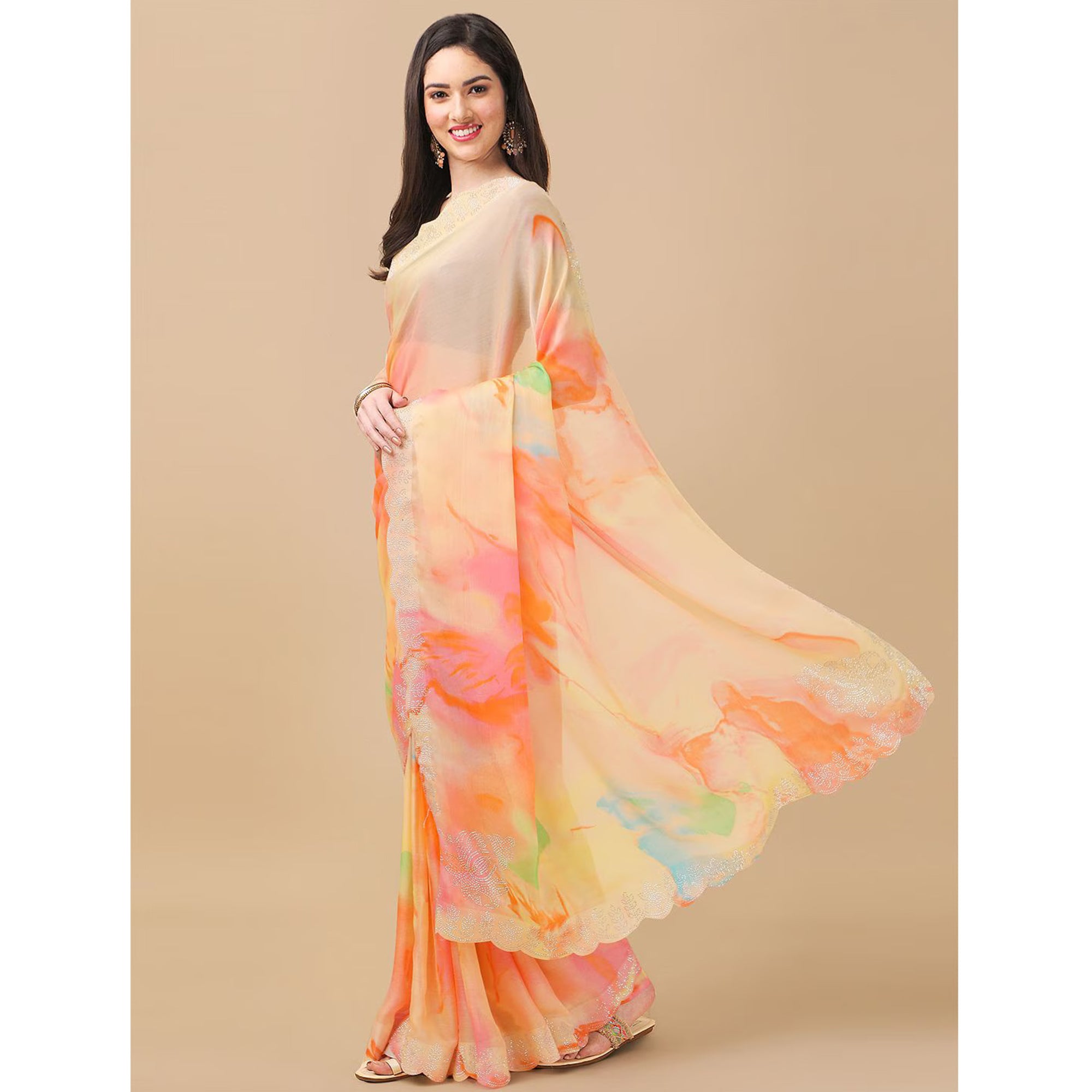 Orange Printed With Swarovski Work Chiffon Saree