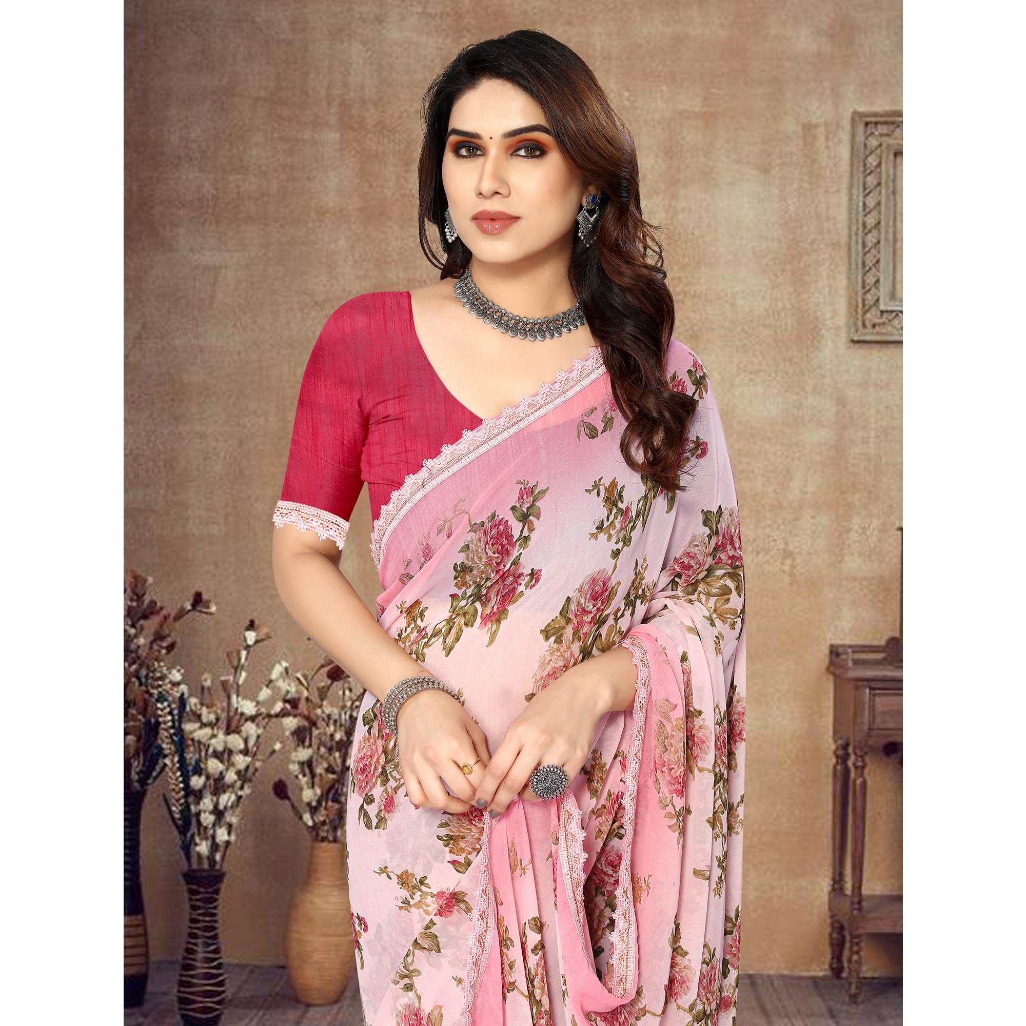 Light Pink Floral Printed Georgette Saree With Lace Border