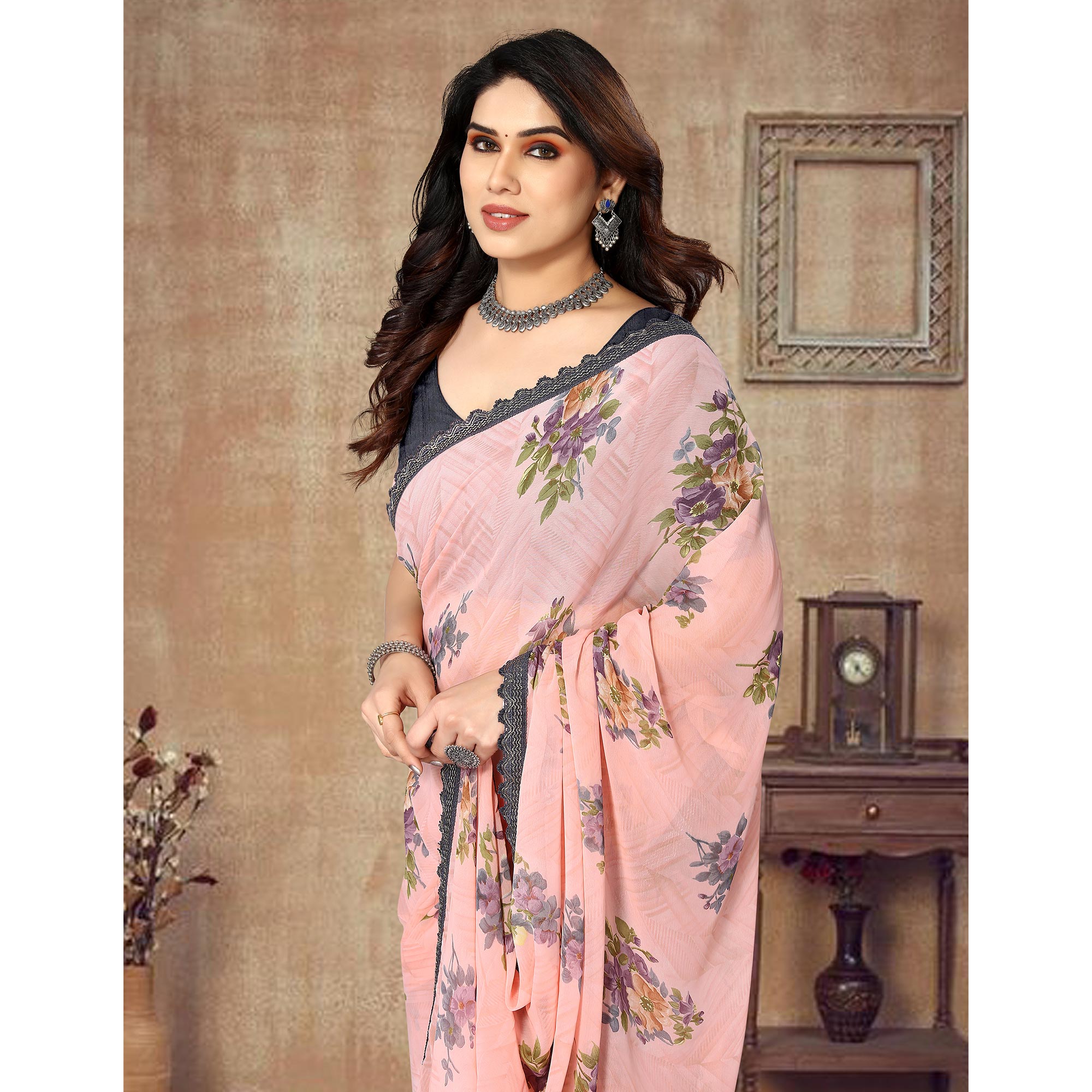 Peach Floral Printed Georgette Saree With Lace Border