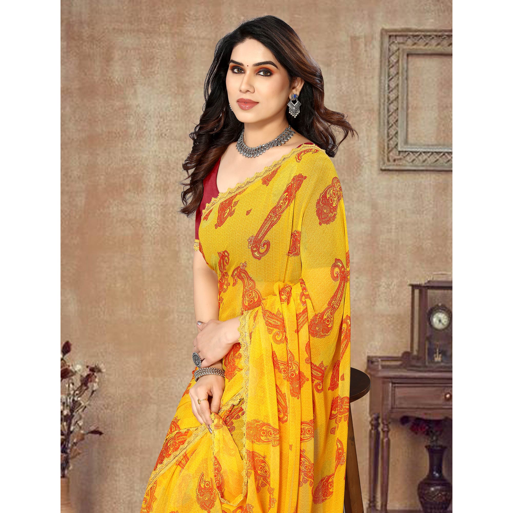 Yellow Floral Printed Georgette Saree With Lace Border